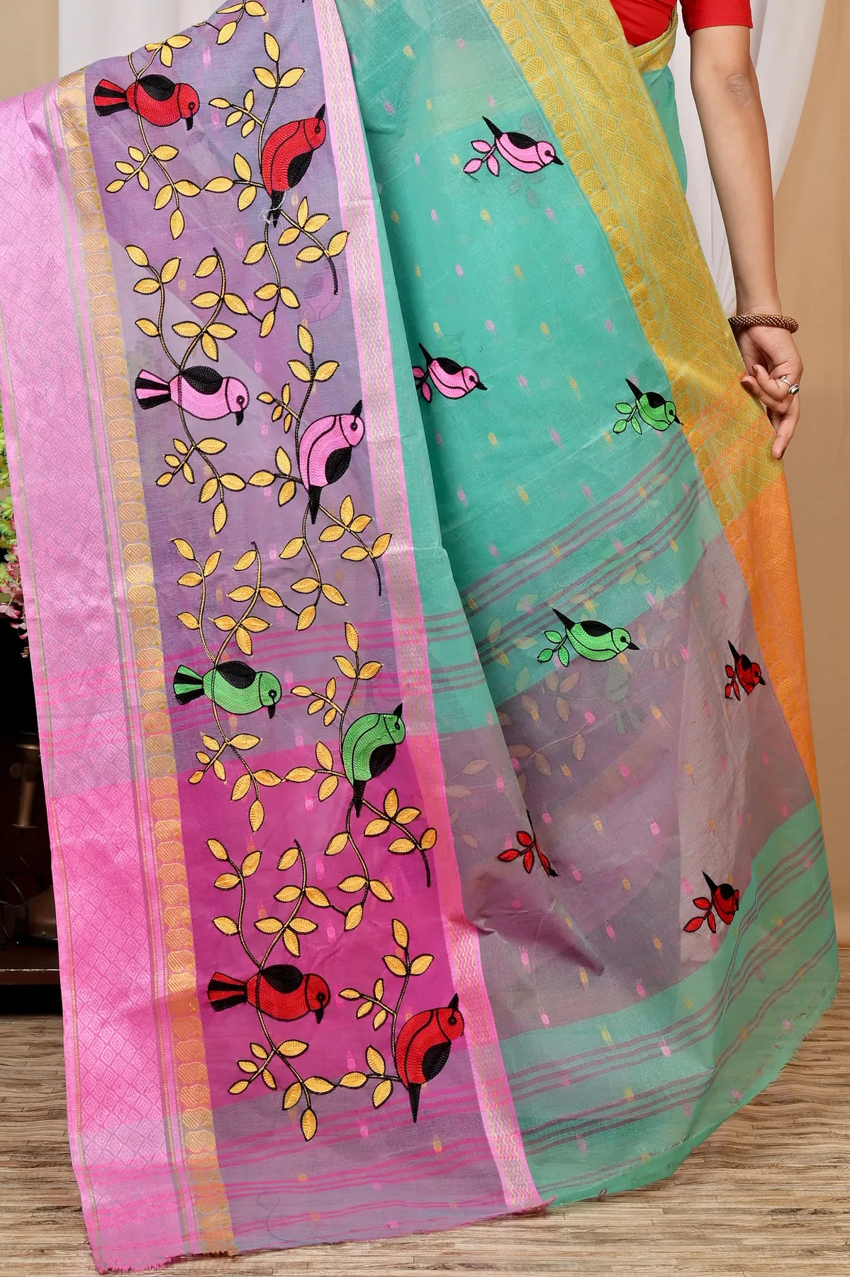 DipDiya Pure Cotton See Green and Pink Embi Ganga Chari Woven with Tradition Embroidery Tant Sarees