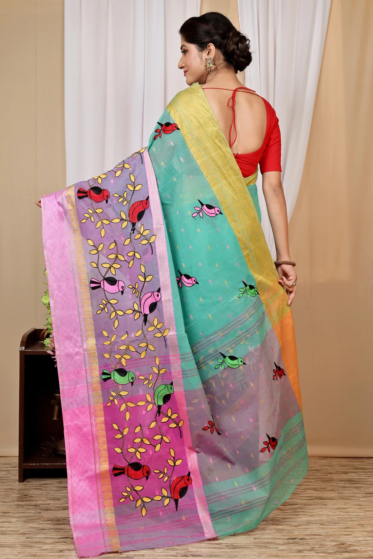 DipDiya Pure Cotton See Green and Pink Embi Ganga Chari Woven with Tradition Embroidery Tant Sarees