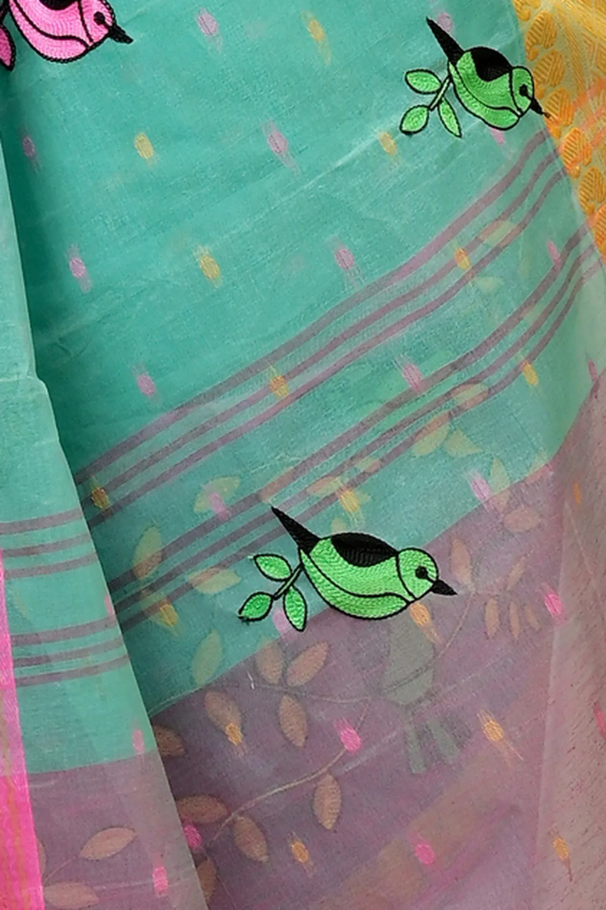 DipDiya Pure Cotton See Green and Pink Embi Ganga Chari Woven with Tradition Embroidery Tant Sarees