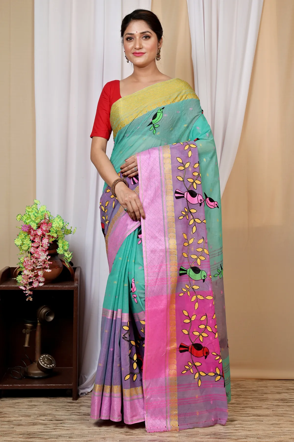 DipDiya Pure Cotton See Green and Pink Embi Ganga Chari Woven with Tradition Embroidery Tant Sarees