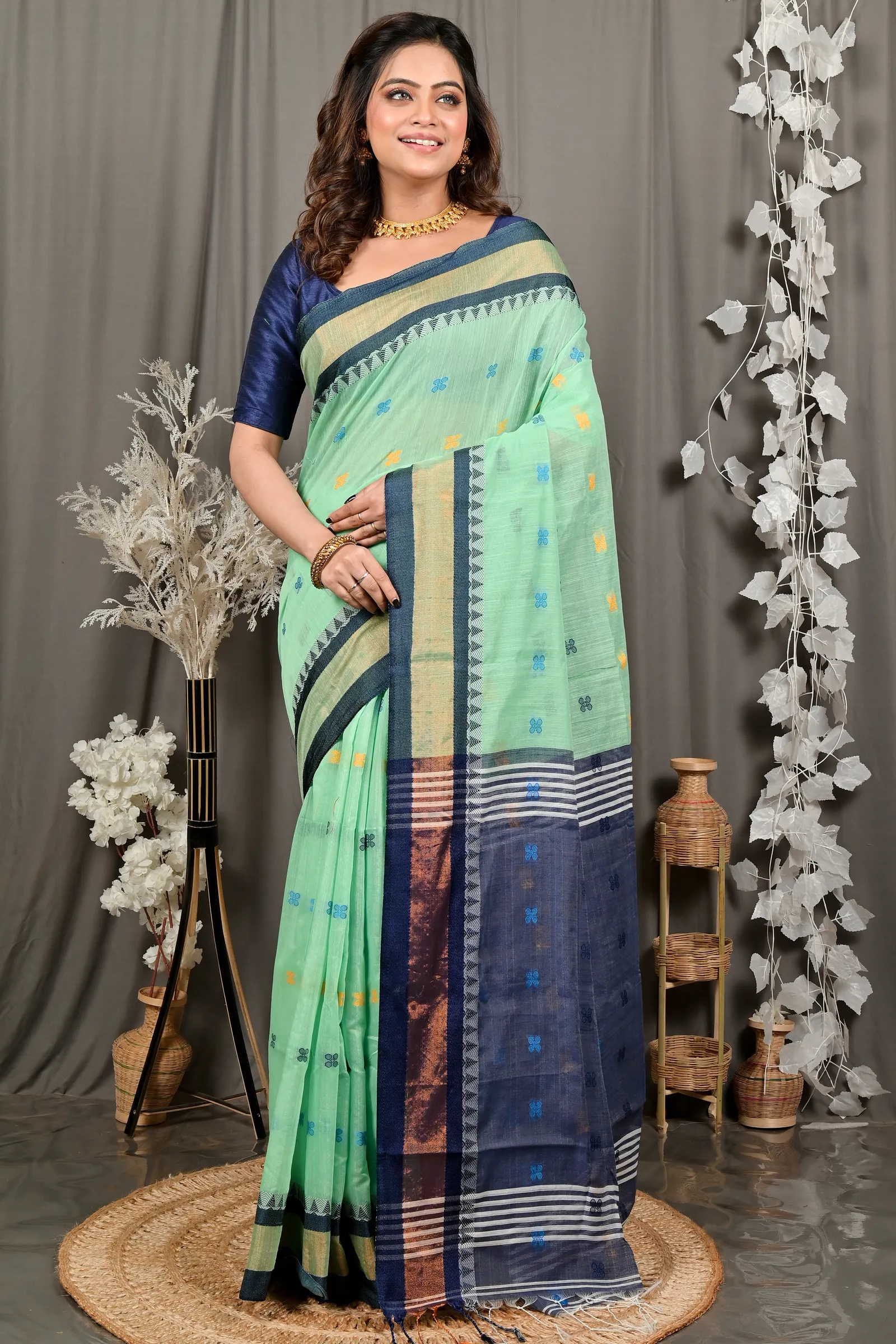 DipDiya Pure Cotton See Green Blue. Debasi Bengali Heritage Handloom Sarees