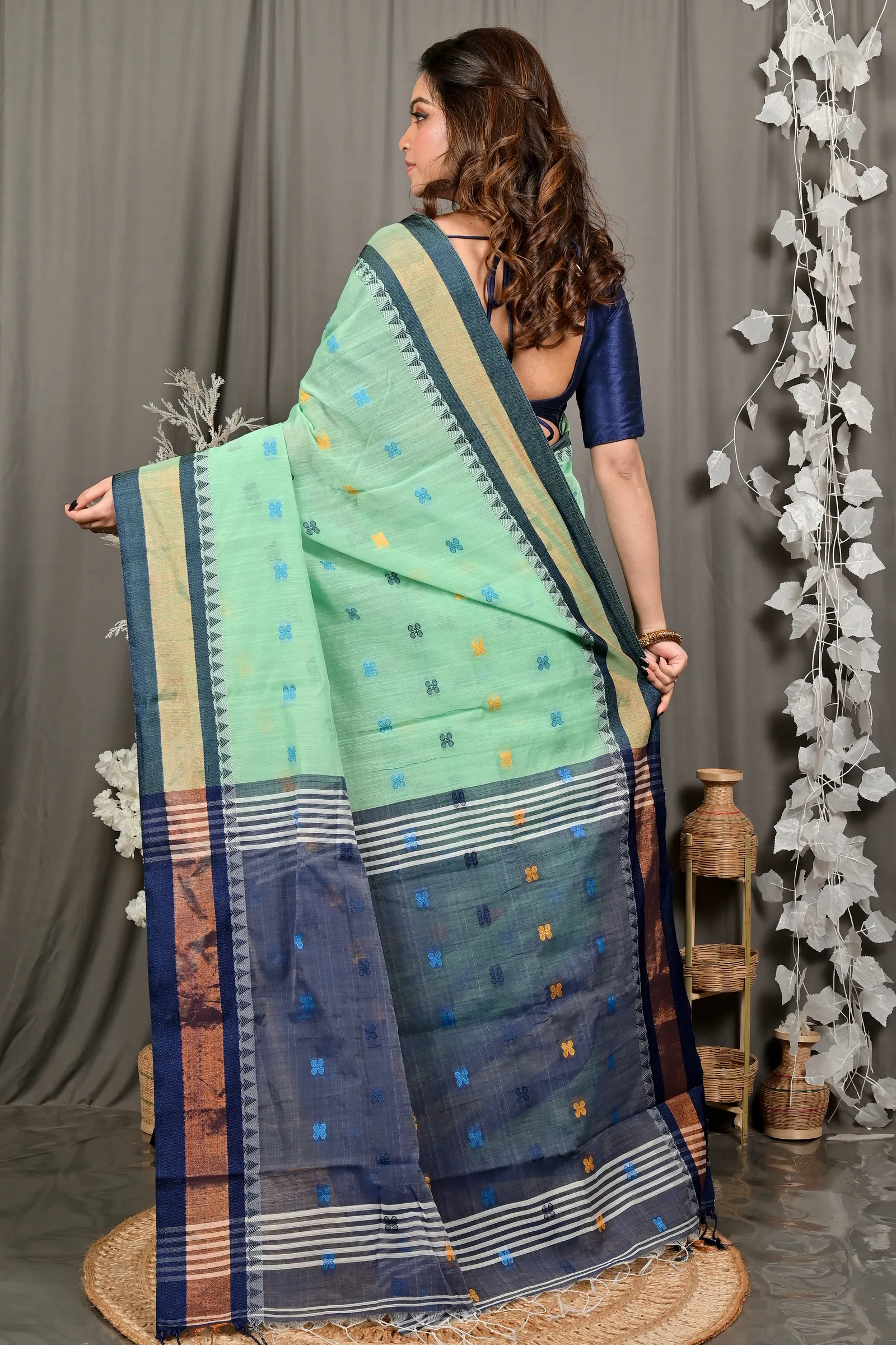 DipDiya Pure Cotton See Green Blue. Debasi Bengali Heritage Handloom Sarees