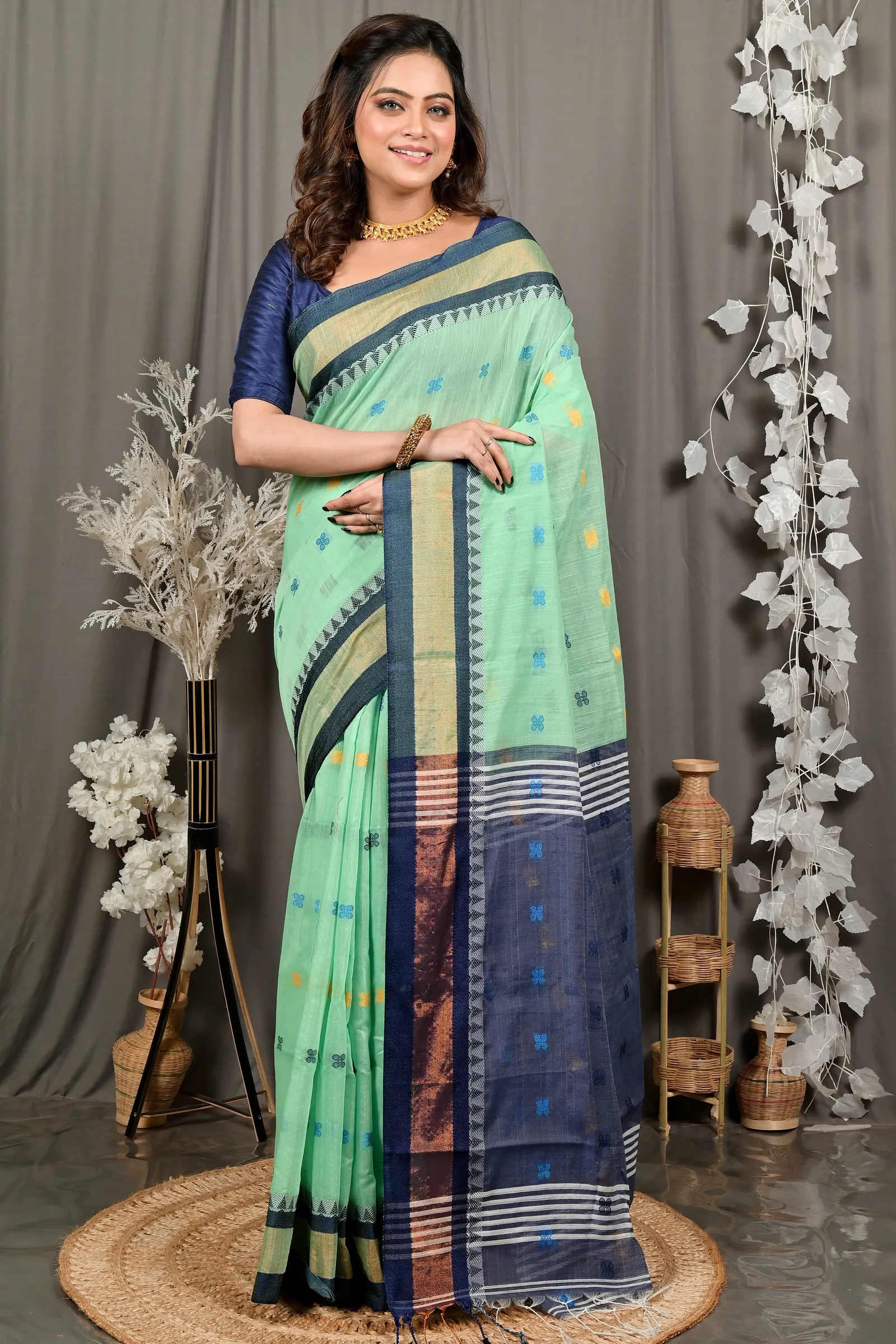 DipDiya Pure Cotton See Green Blue. Debasi Bengali Heritage Handloom Sarees