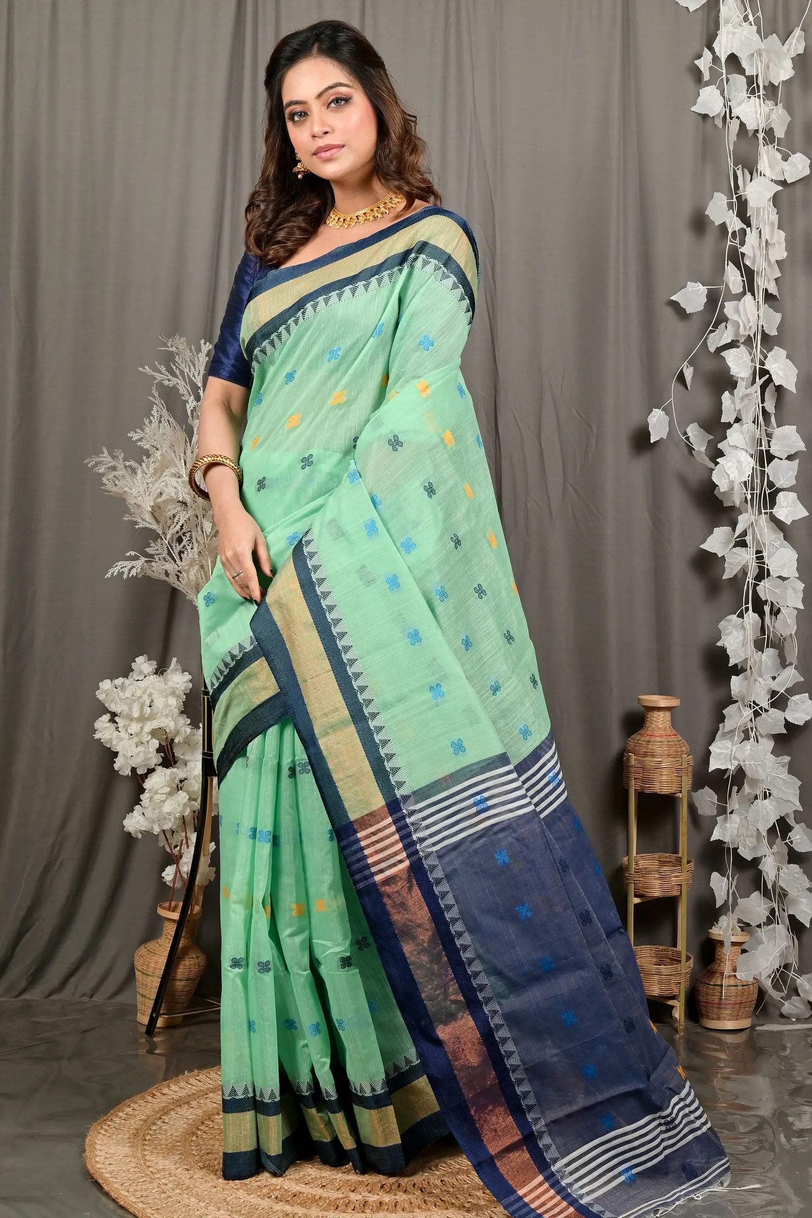 DipDiya Pure Cotton See Green Blue. Debasi Bengali Heritage Handloom Sarees