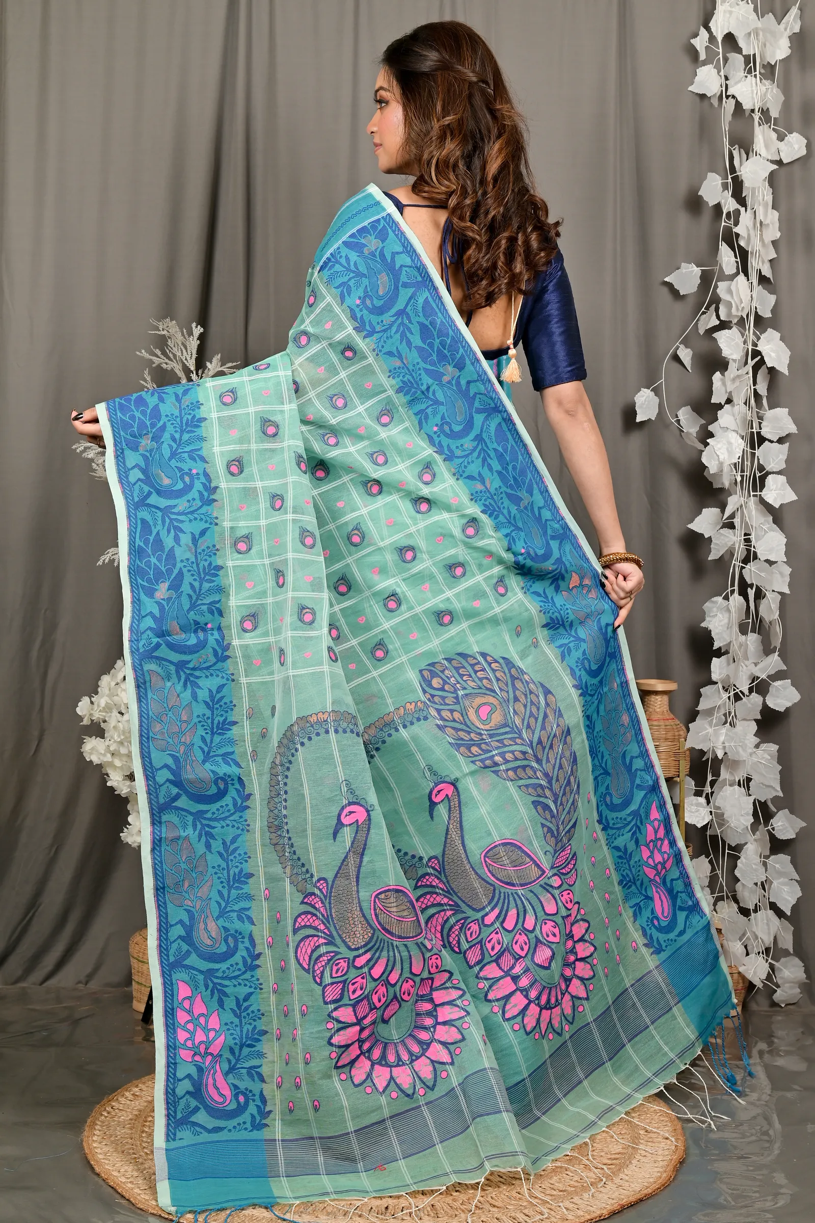 DipDiya Pure Cotton See Green Dhrubi Wrapped in Heritage Jamdani Sarees