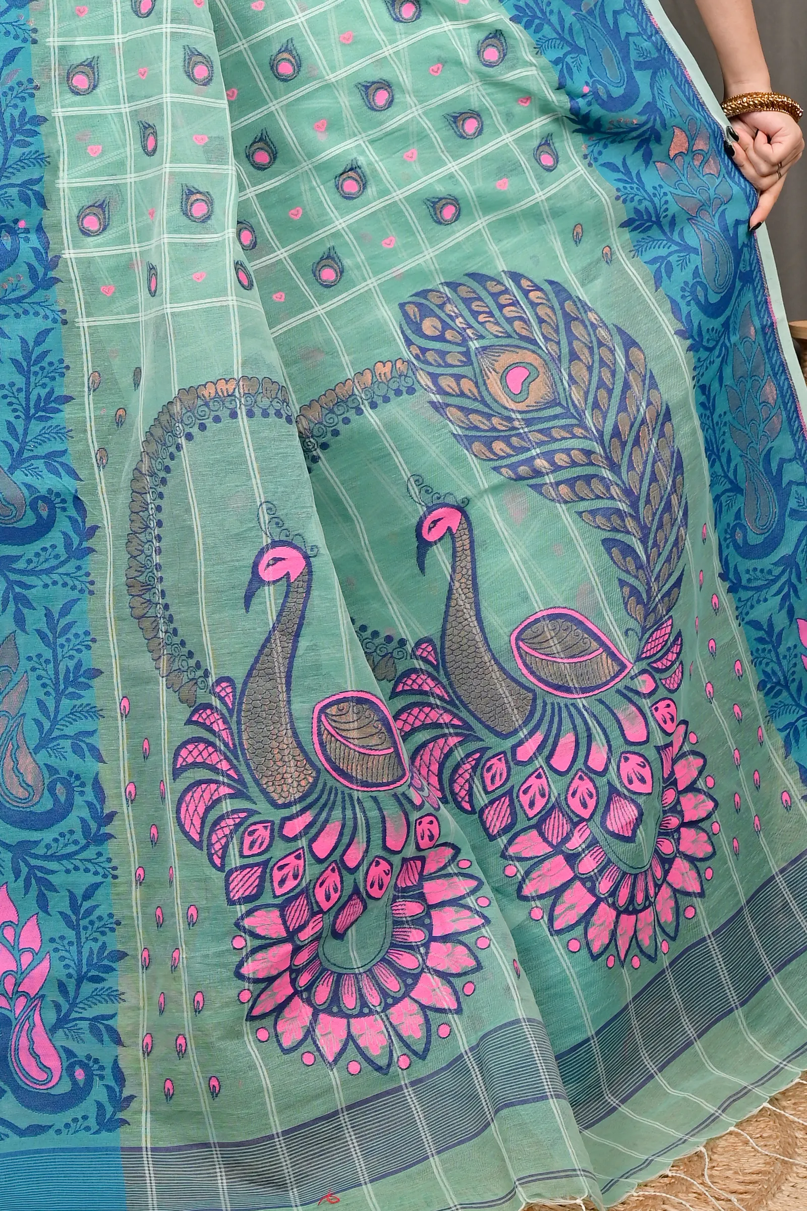 DipDiya Pure Cotton See Green Dhrubi Wrapped in Heritage Jamdani Sarees