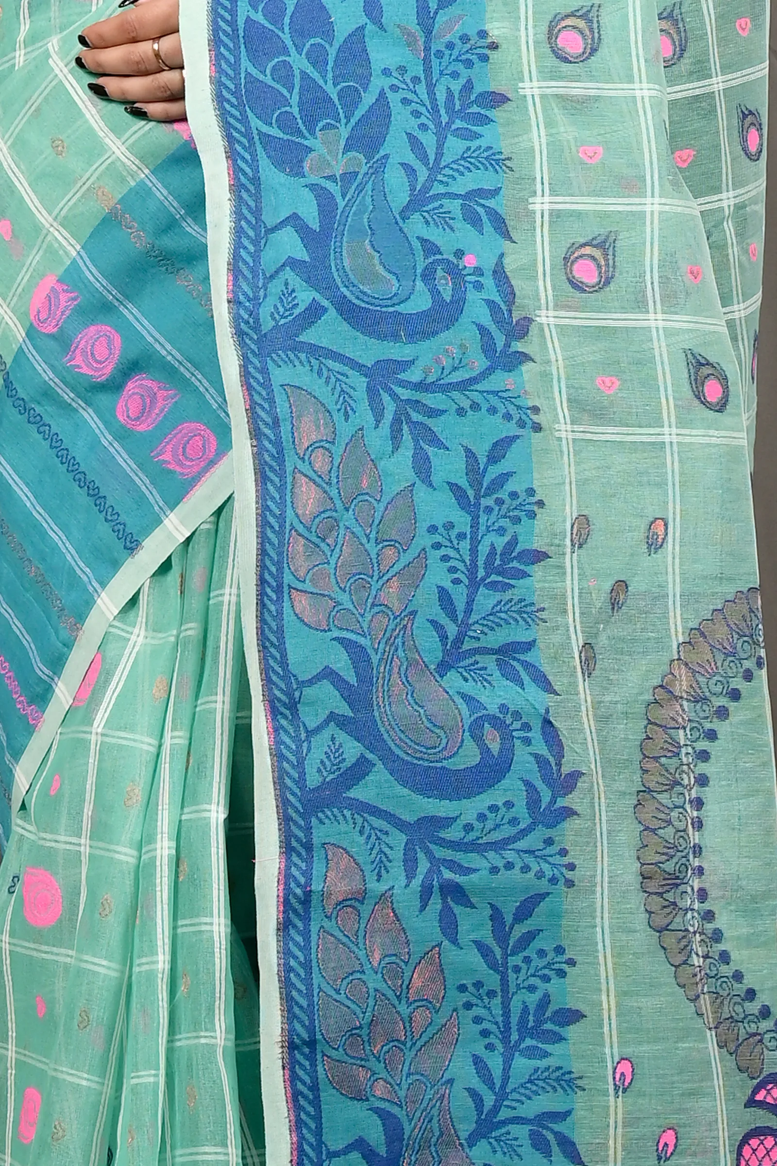DipDiya Pure Cotton See Green Dhrubi Wrapped in Heritage Jamdani Sarees