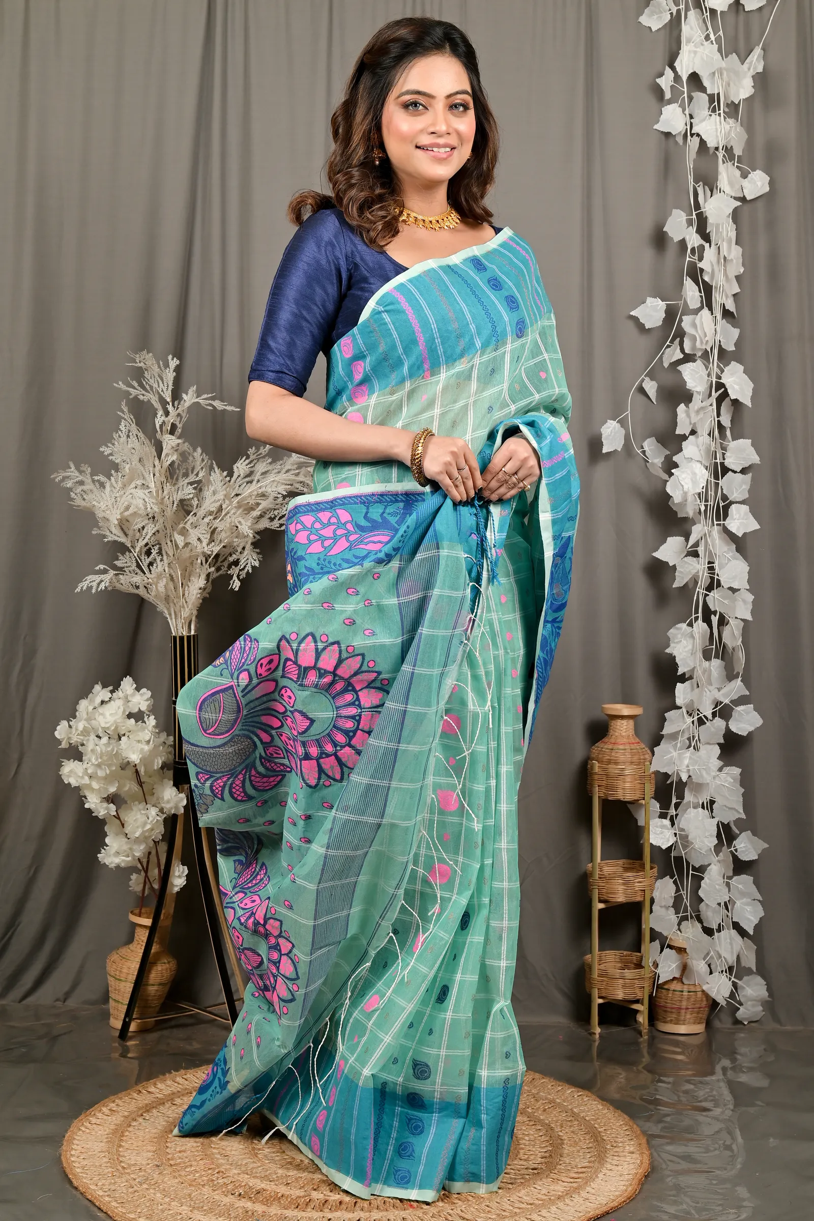 DipDiya Pure Cotton See Green Dhrubi Wrapped in Heritage Jamdani Sarees