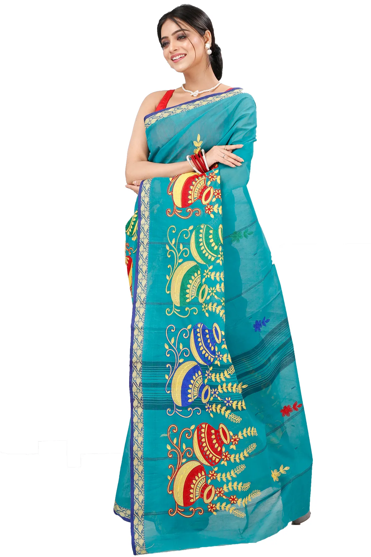 DipDiya Pure Cotton See Green Embi Gaela Ghot Artisan Crafted Embroidery Tant Sarees