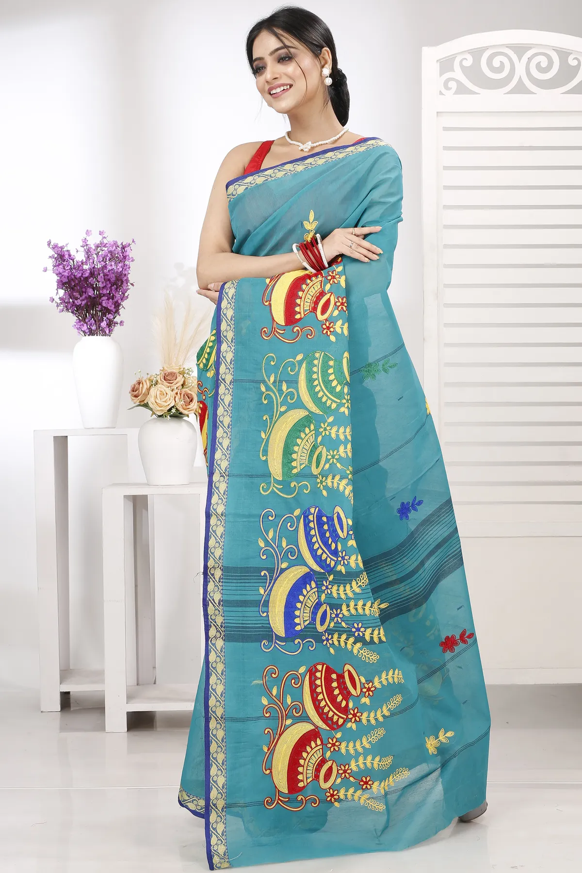 DipDiya Pure Cotton See Green Embi Gaela Ghot Artisan Crafted Embroidery Tant Sarees