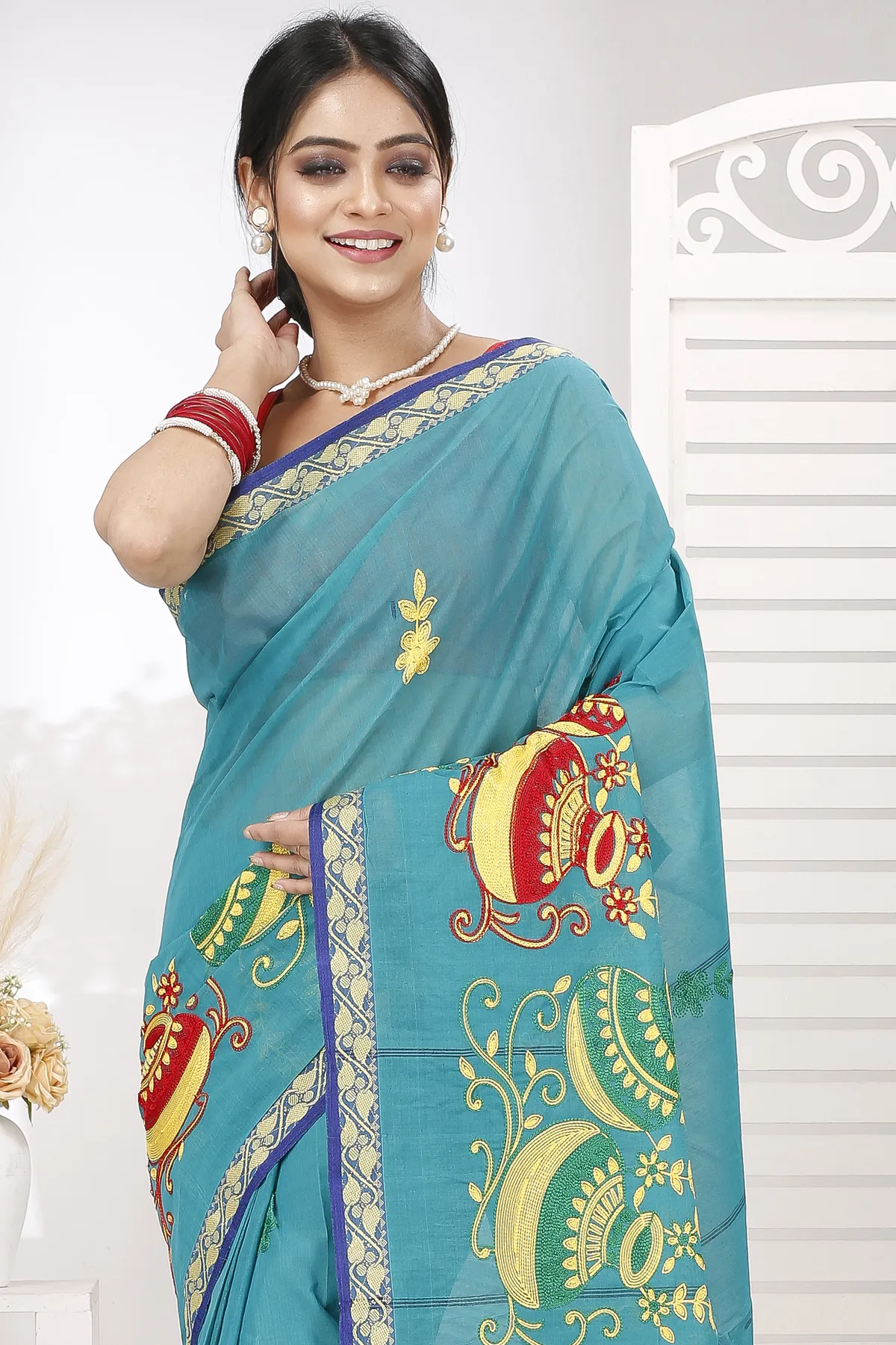 DipDiya Pure Cotton See Green Embi Gaela Ghot Artisan Crafted Embroidery Tant Sarees