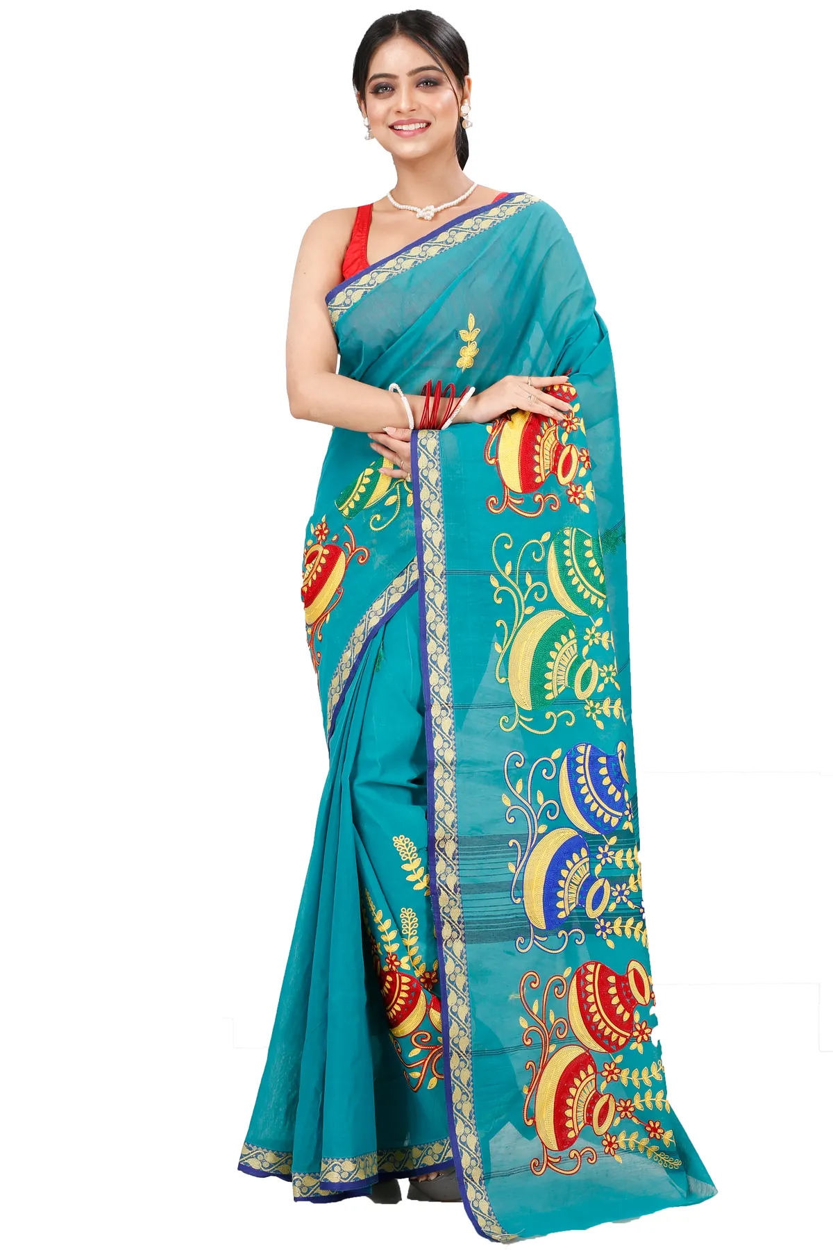 DipDiya Pure Cotton See Green Embi Gaela Ghot Artisan Crafted Embroidery Tant Sarees