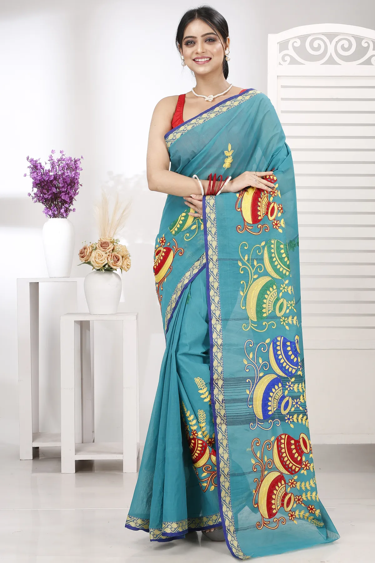 DipDiya Pure Cotton See Green Embi Gaela Ghot Artisan Crafted Embroidery Tant Sarees