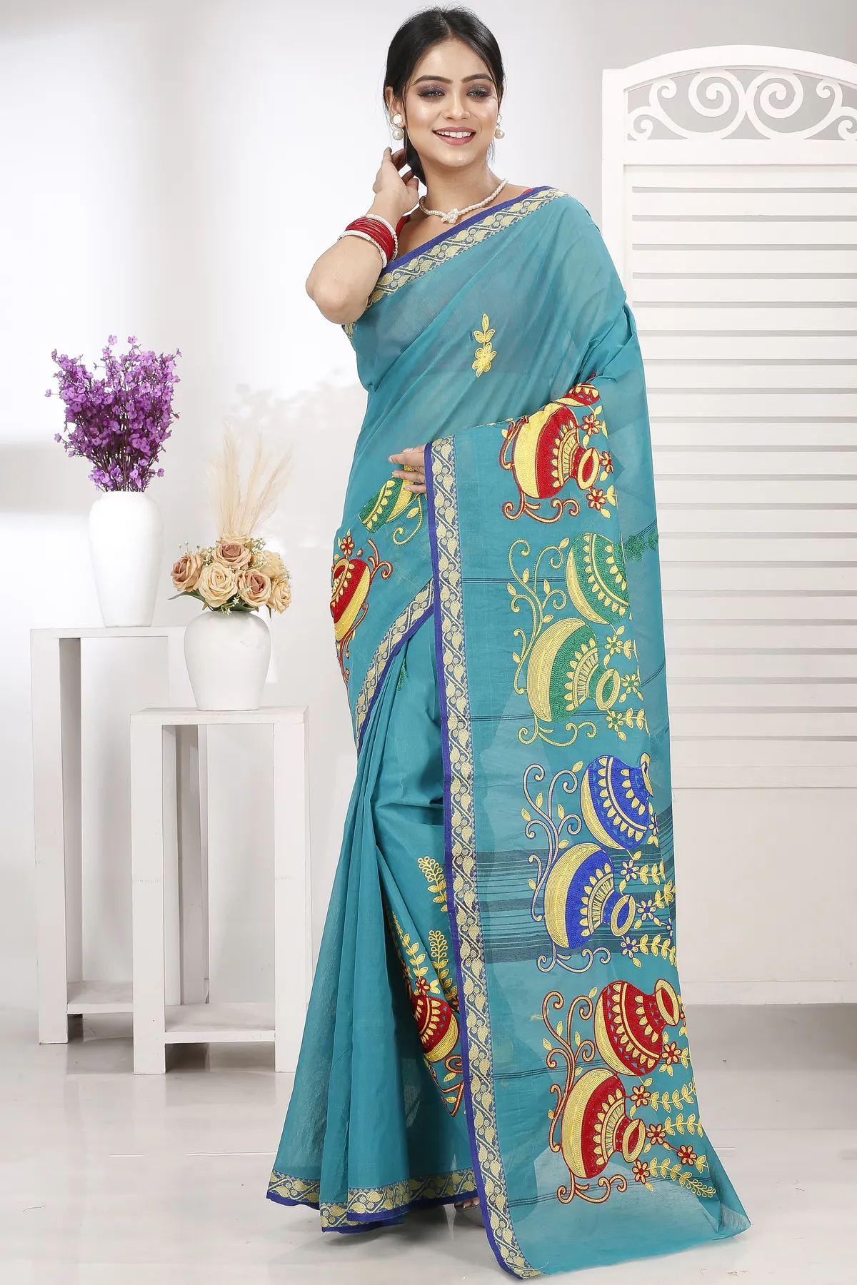 DipDiya Pure Cotton See Green Embi Gaela Ghot Artisan Crafted Embroidery Tant Sarees