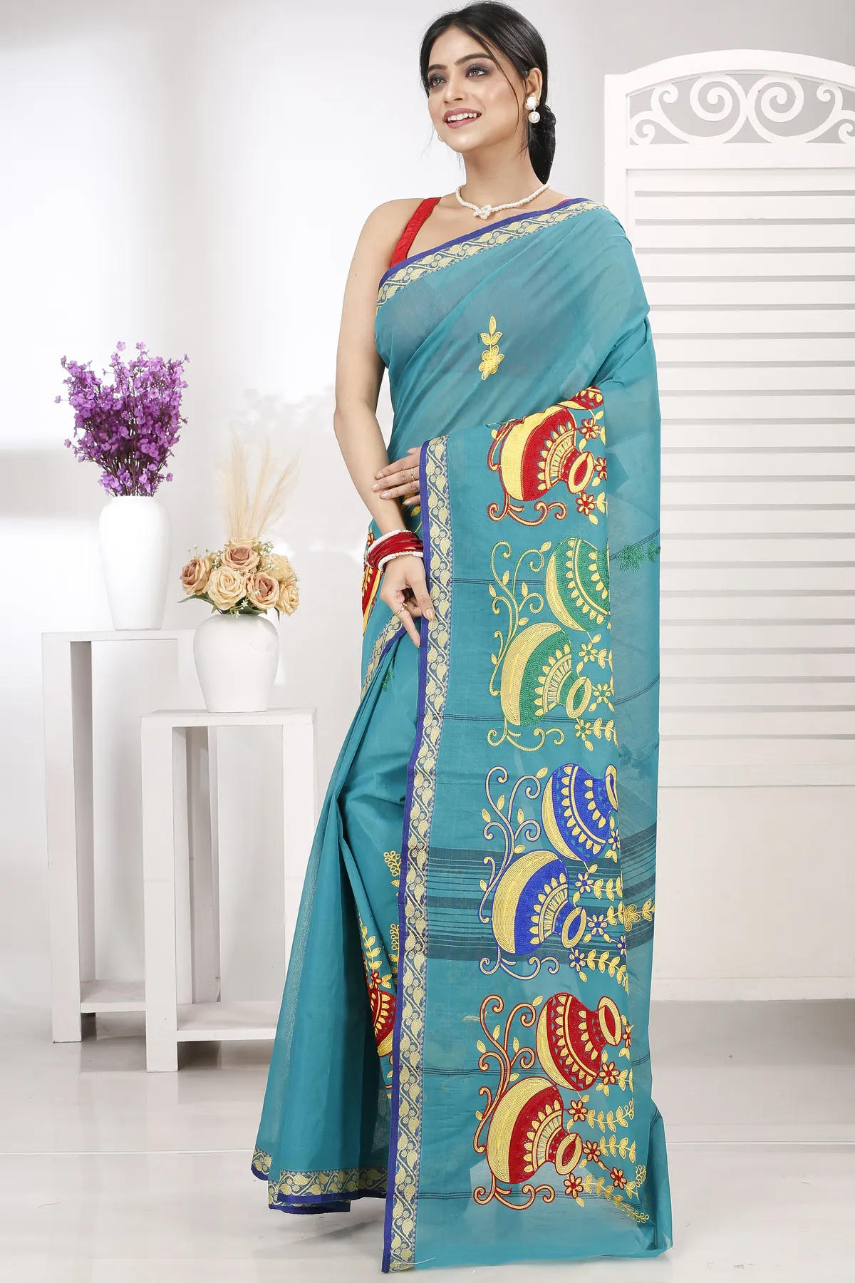 DipDiya Pure Cotton See Green Embi Gaela Ghot Artisan Crafted Embroidery Tant Sarees
