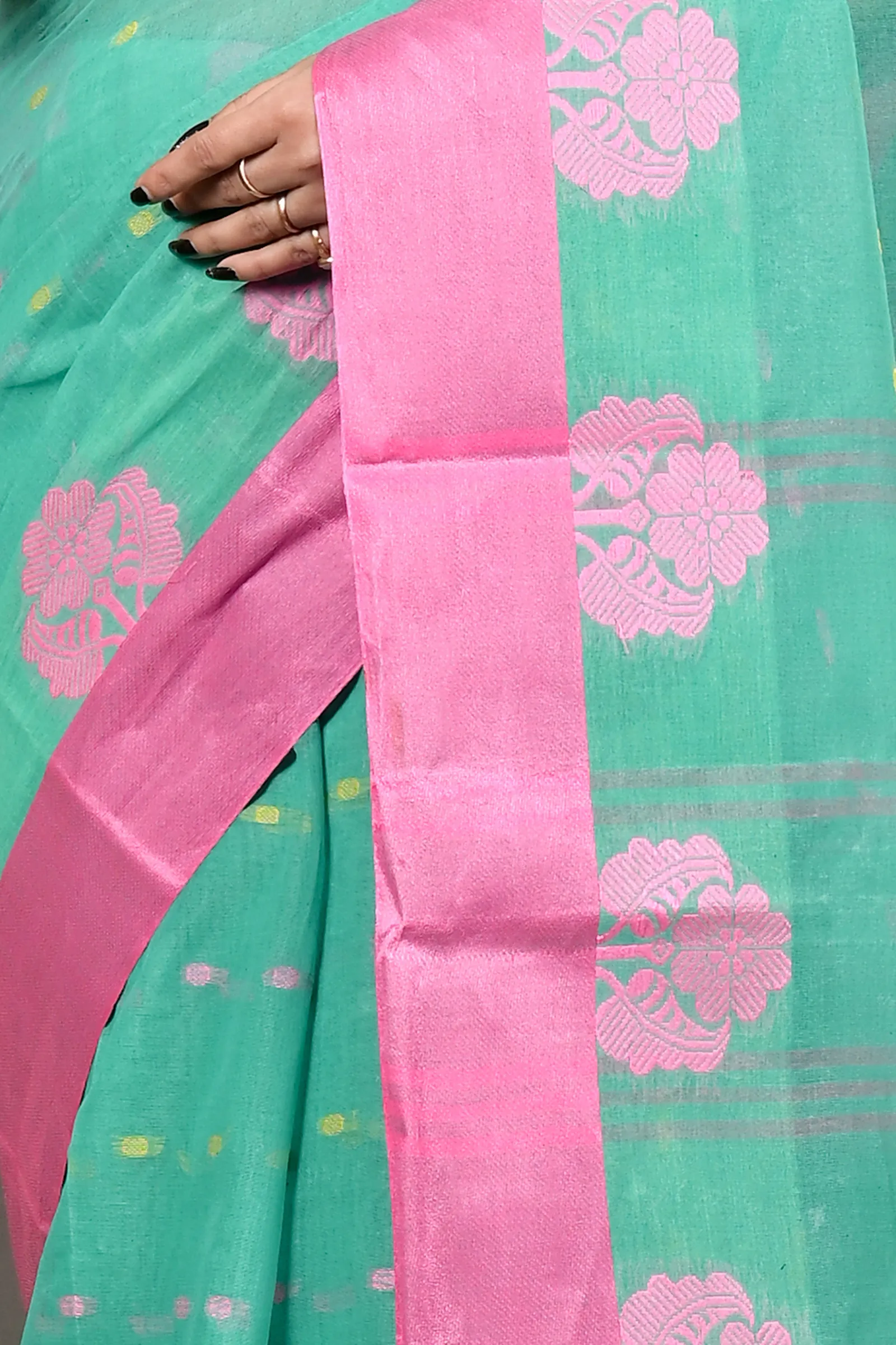 DipDiya Pure Cotton See Green Fipani Woven with Love Tant Sarees