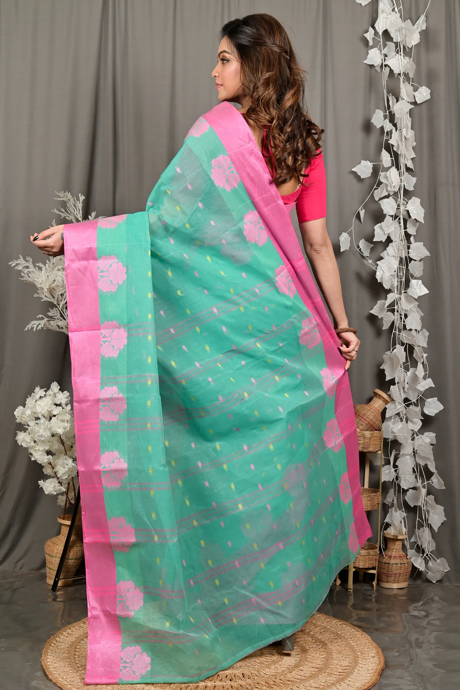 DipDiya Pure Cotton See Green Fipani Woven with Love Tant Sarees