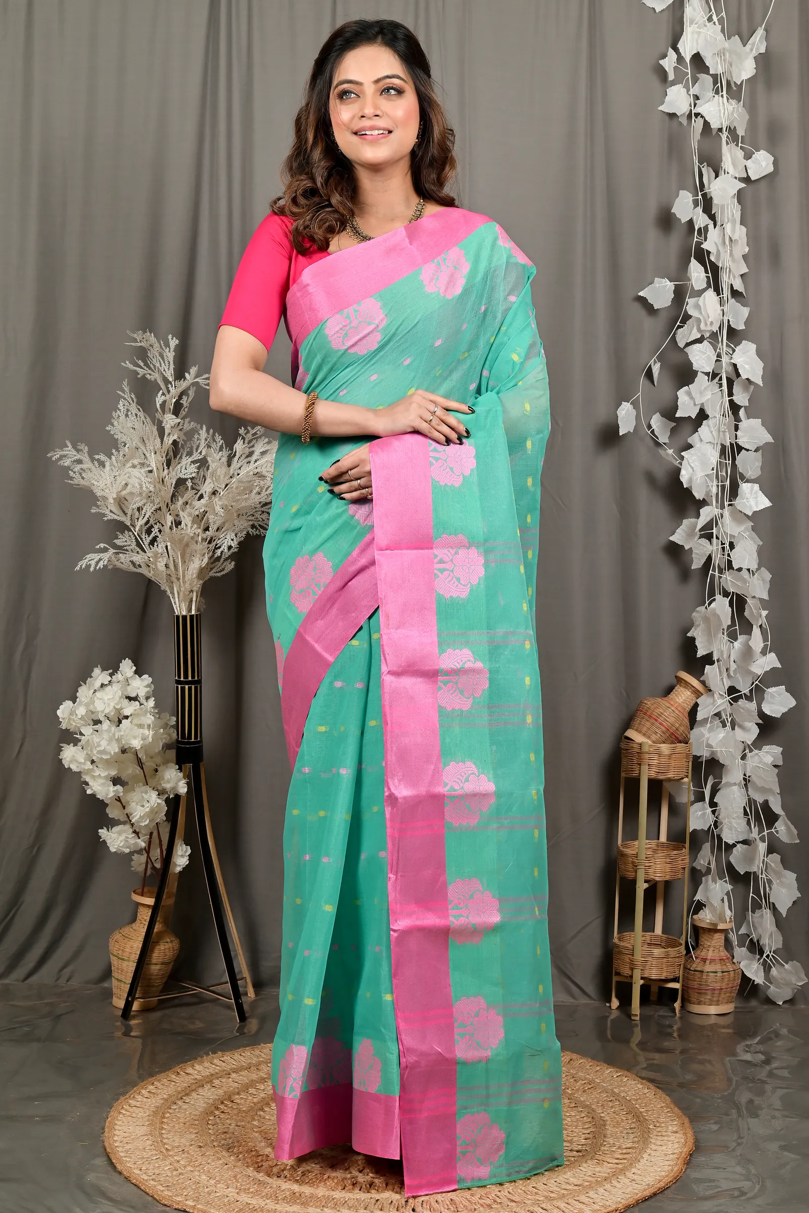 DipDiya Pure Cotton See Green Fipani Woven with Love Tant Sarees