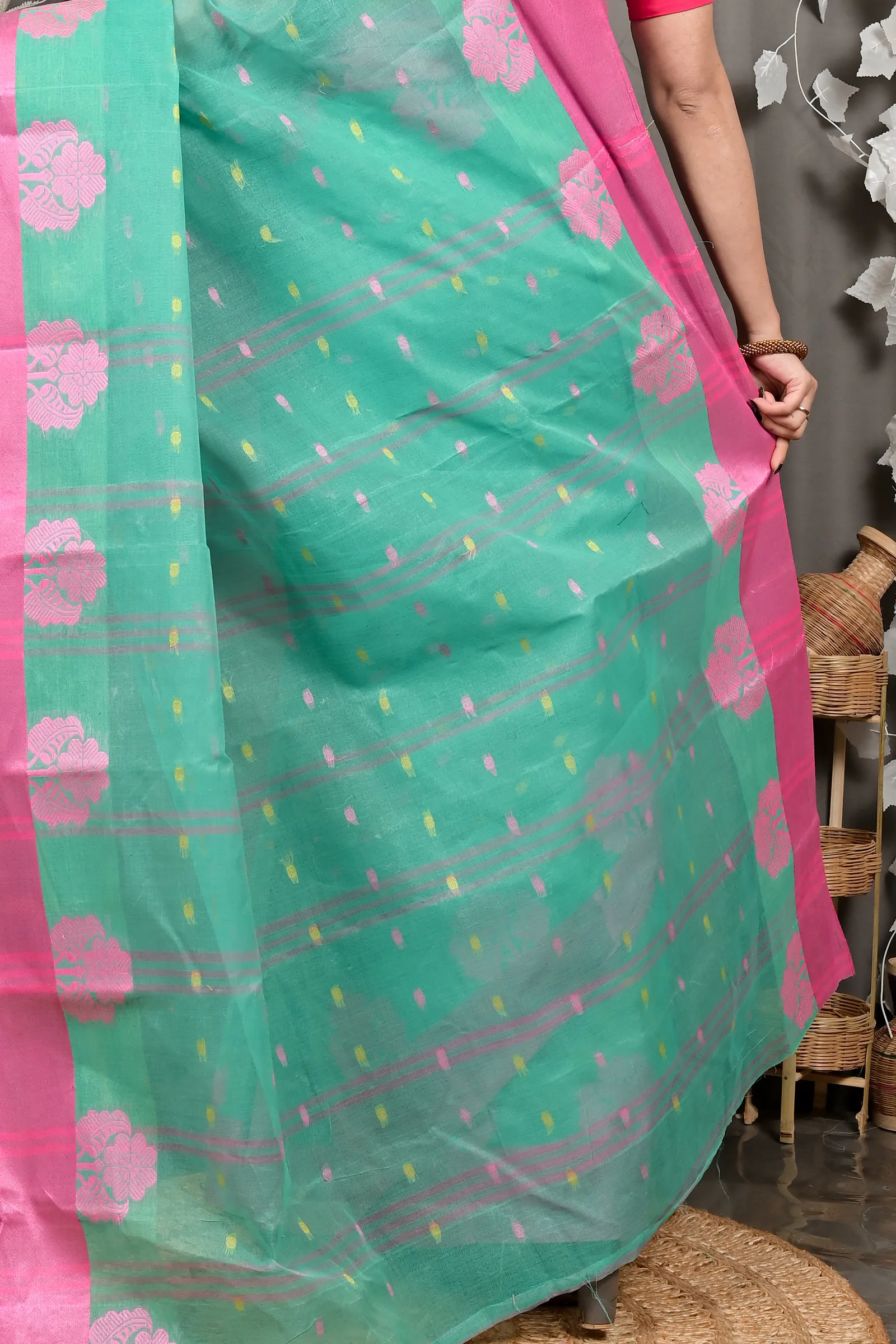 DipDiya Pure Cotton See Green Fipani Woven with Love Tant Sarees