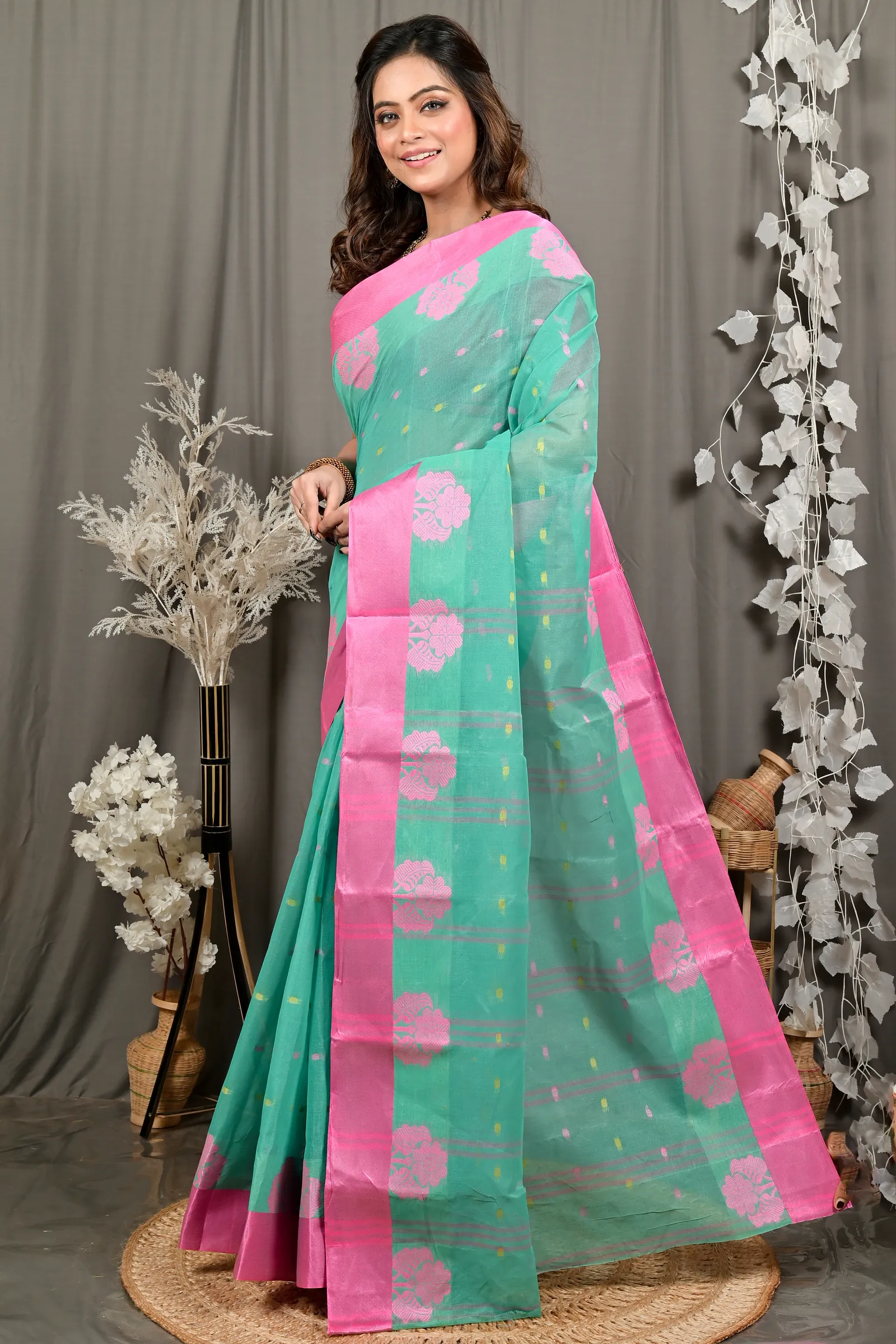 DipDiya Pure Cotton See Green Fipani Woven with Love Tant Sarees
