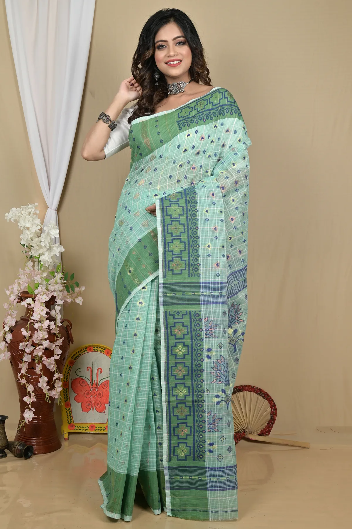 DipDiya Pure Cotton See Green Ginni Artisan Crafted Jamdani Sarees