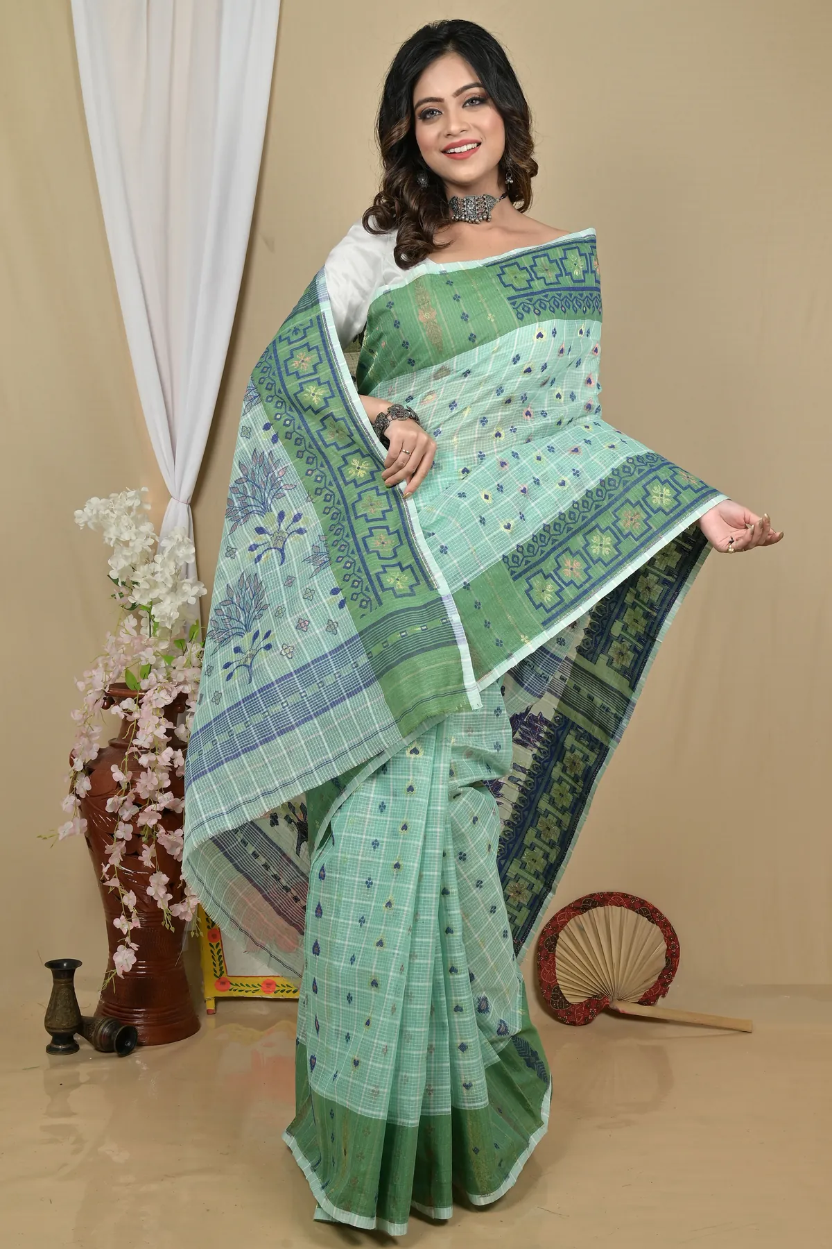 DipDiya Pure Cotton See Green Ginni Artisan Crafted Jamdani Sarees