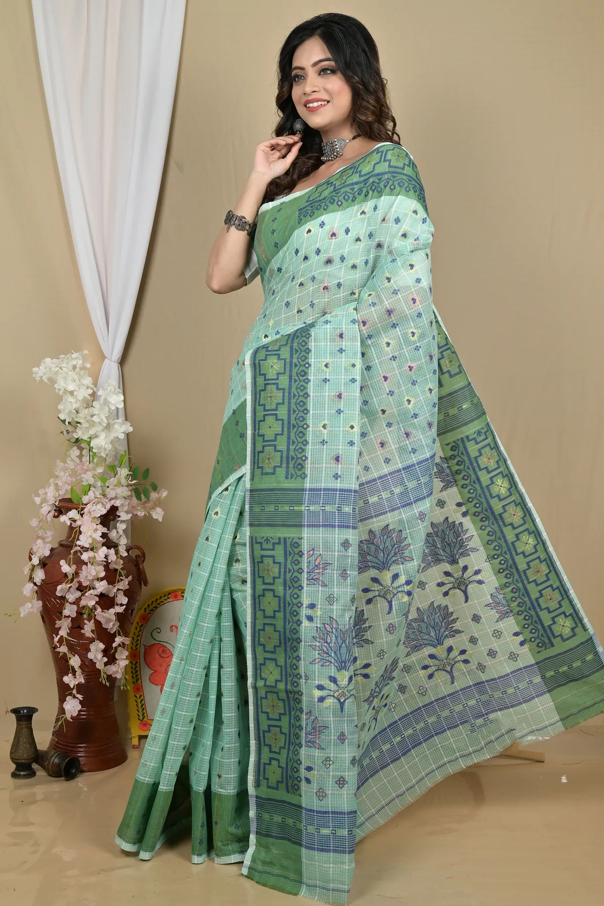 DipDiya Pure Cotton See Green Ginni Artisan Crafted Jamdani Sarees
