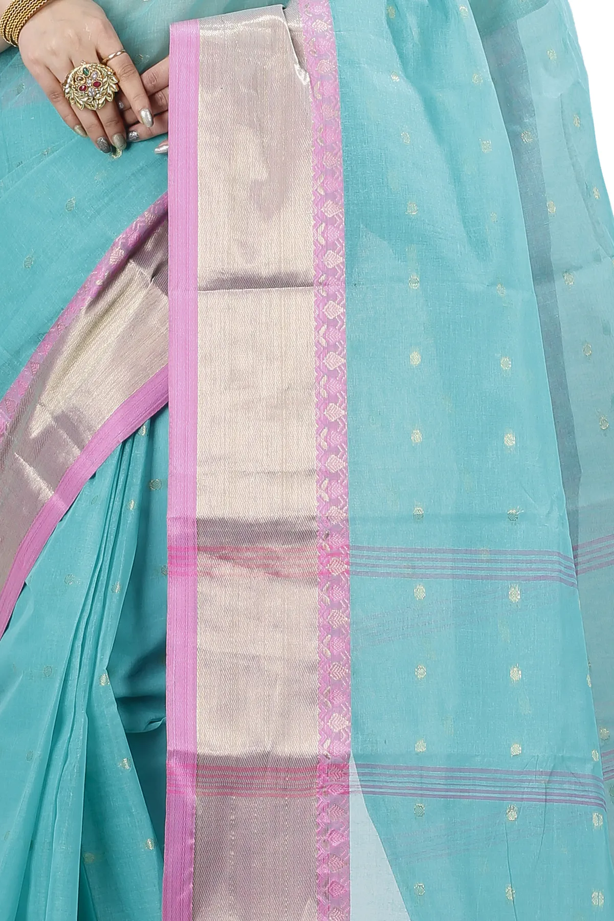 DipDiya Pure Cotton See Green JoriPar Artisan Crafted Tant Sarees