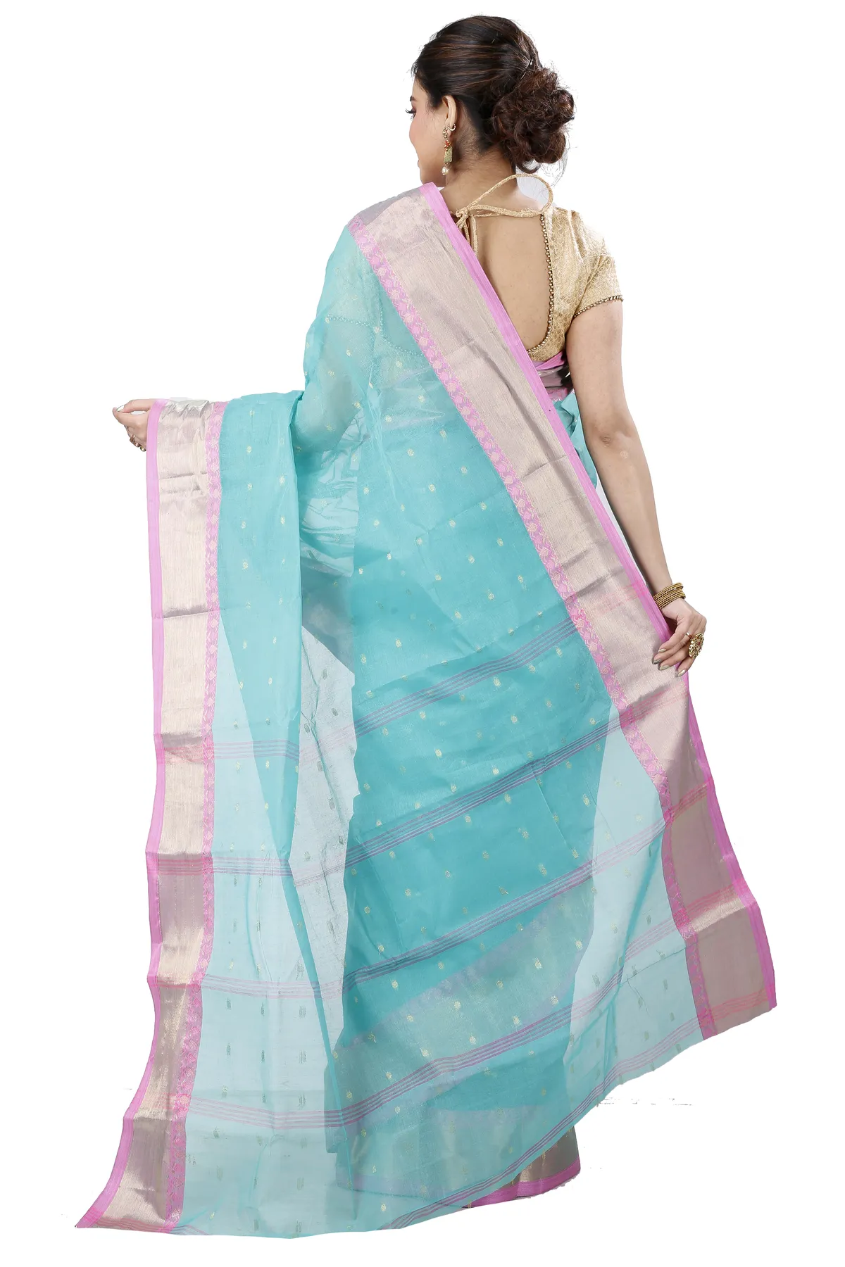 DipDiya Pure Cotton See Green JoriPar Artisan Crafted Tant Sarees