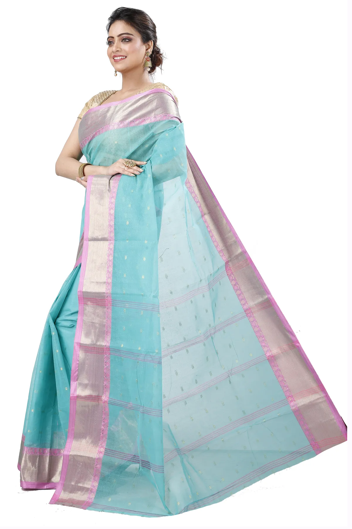 DipDiya Pure Cotton See Green JoriPar Artisan Crafted Tant Sarees