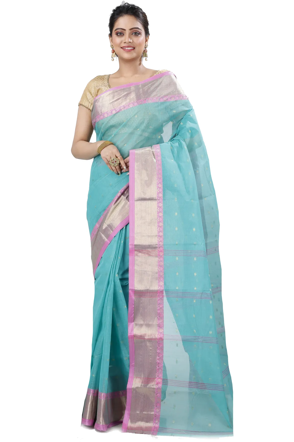 DipDiya Pure Cotton See Green JoriPar Artisan Crafted Tant Sarees
