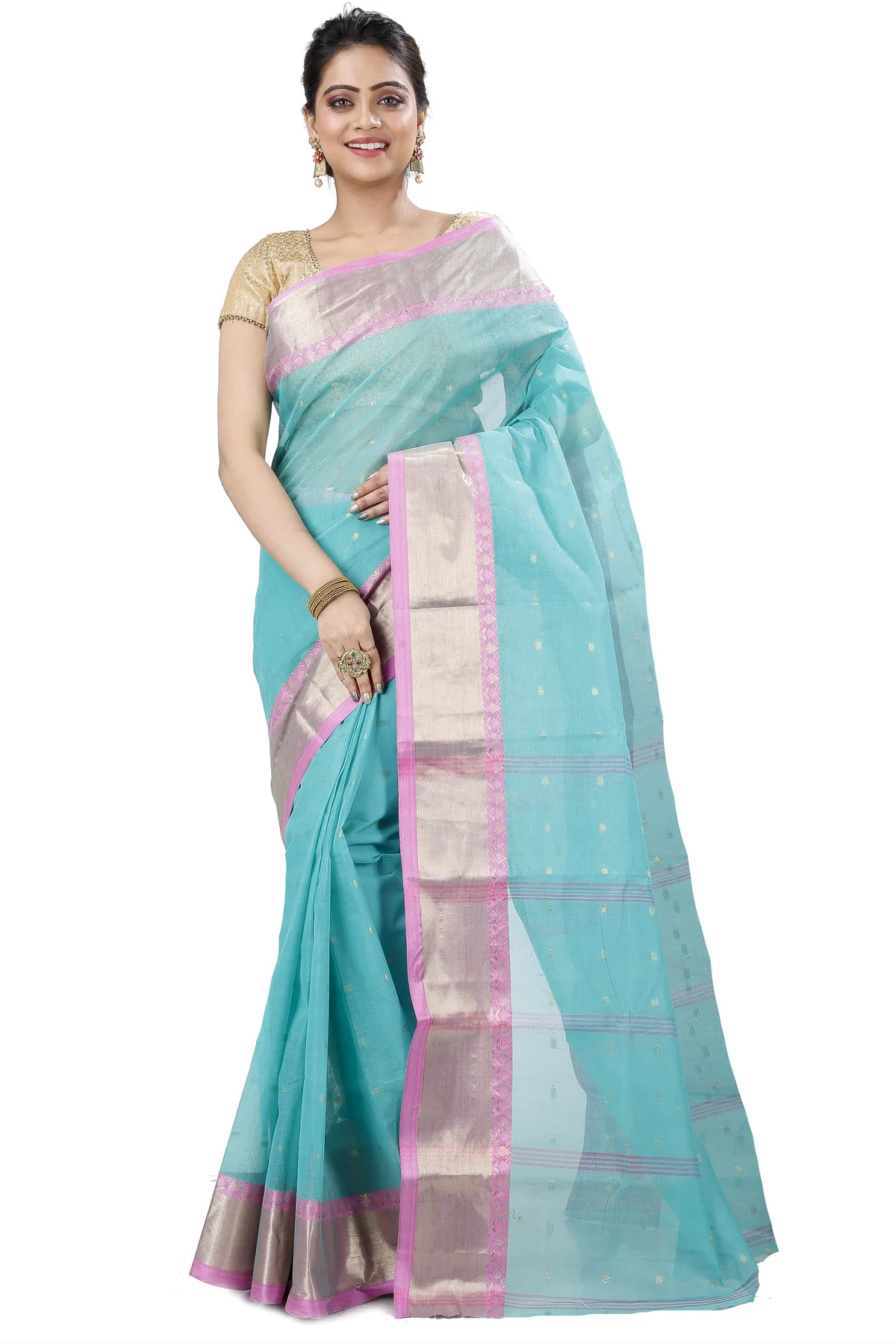 DipDiya Pure Cotton See Green JoriPar Artisan Crafted Tant Sarees