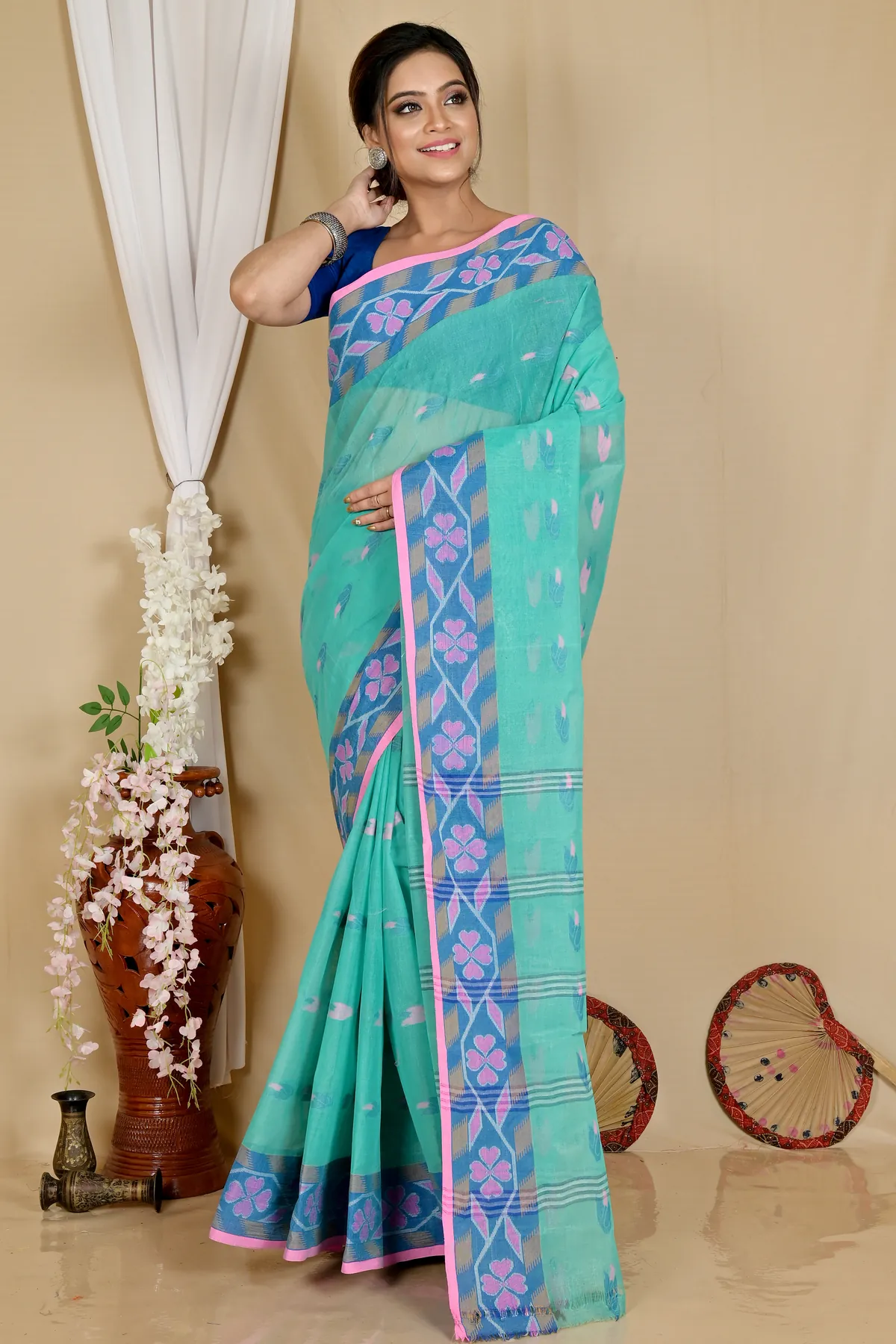 DipDiya Pure Cotton See Green Komtai Crafted in Bengal Tant Sarees