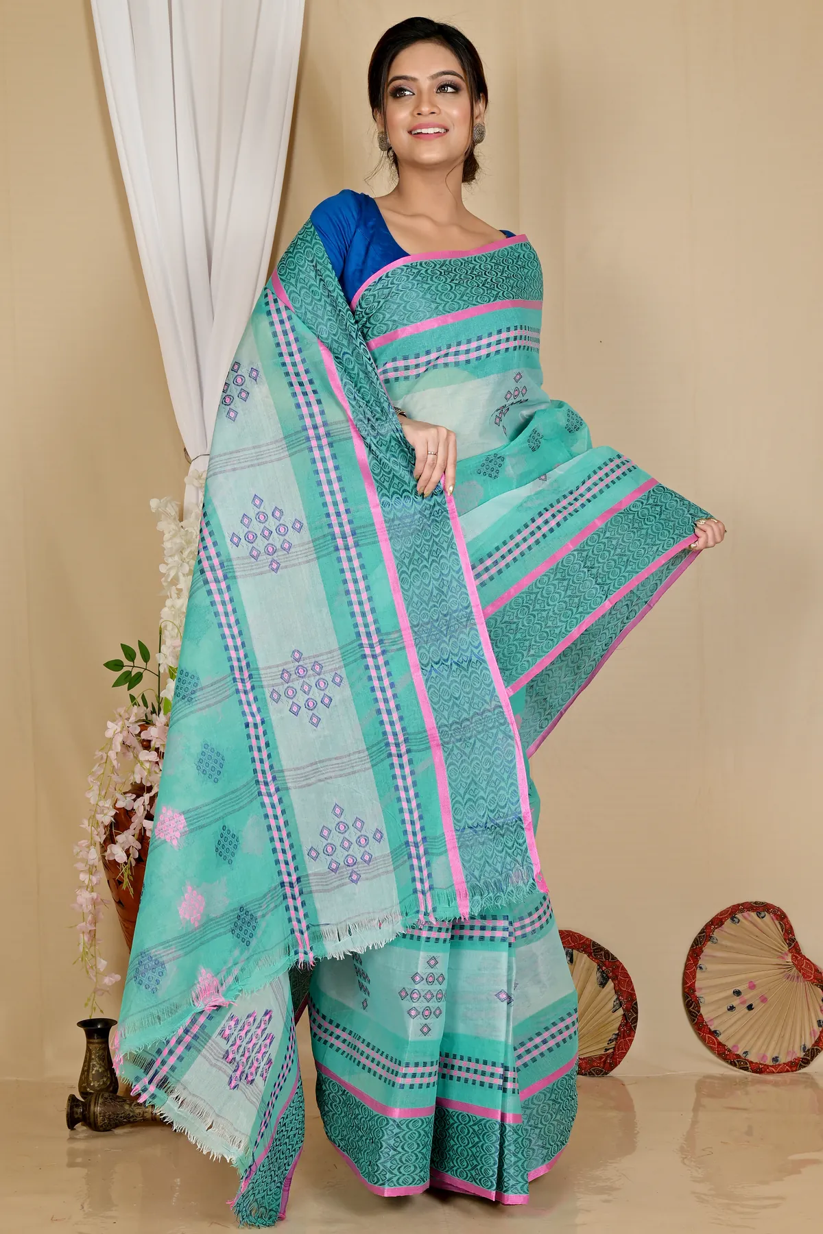 DipDiya Pure Cotton See Green Krita Woven with Love Tant Sarees