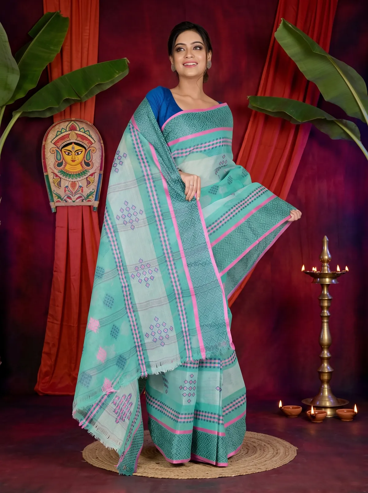 DipDiya Pure Cotton See Green Krita Woven with Love Tant Sarees