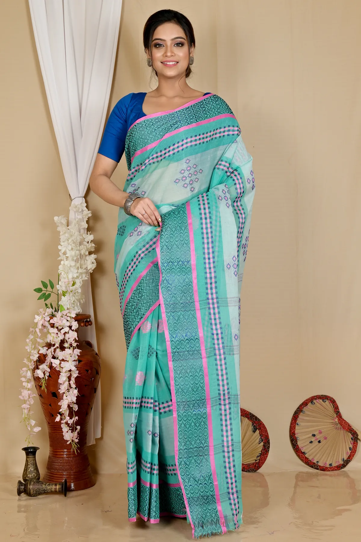 DipDiya Pure Cotton See Green Krita Woven with Love Tant Sarees