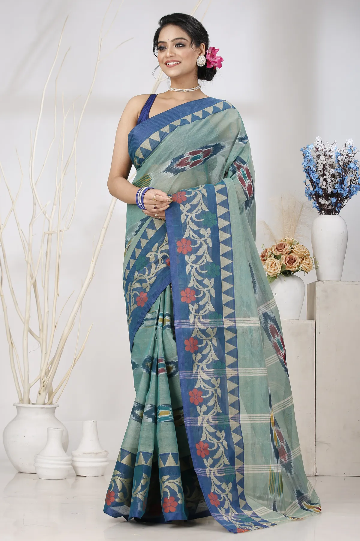 DipDiya Pure Cotton See Green Mili Rooted in Bengal Tant Sarees