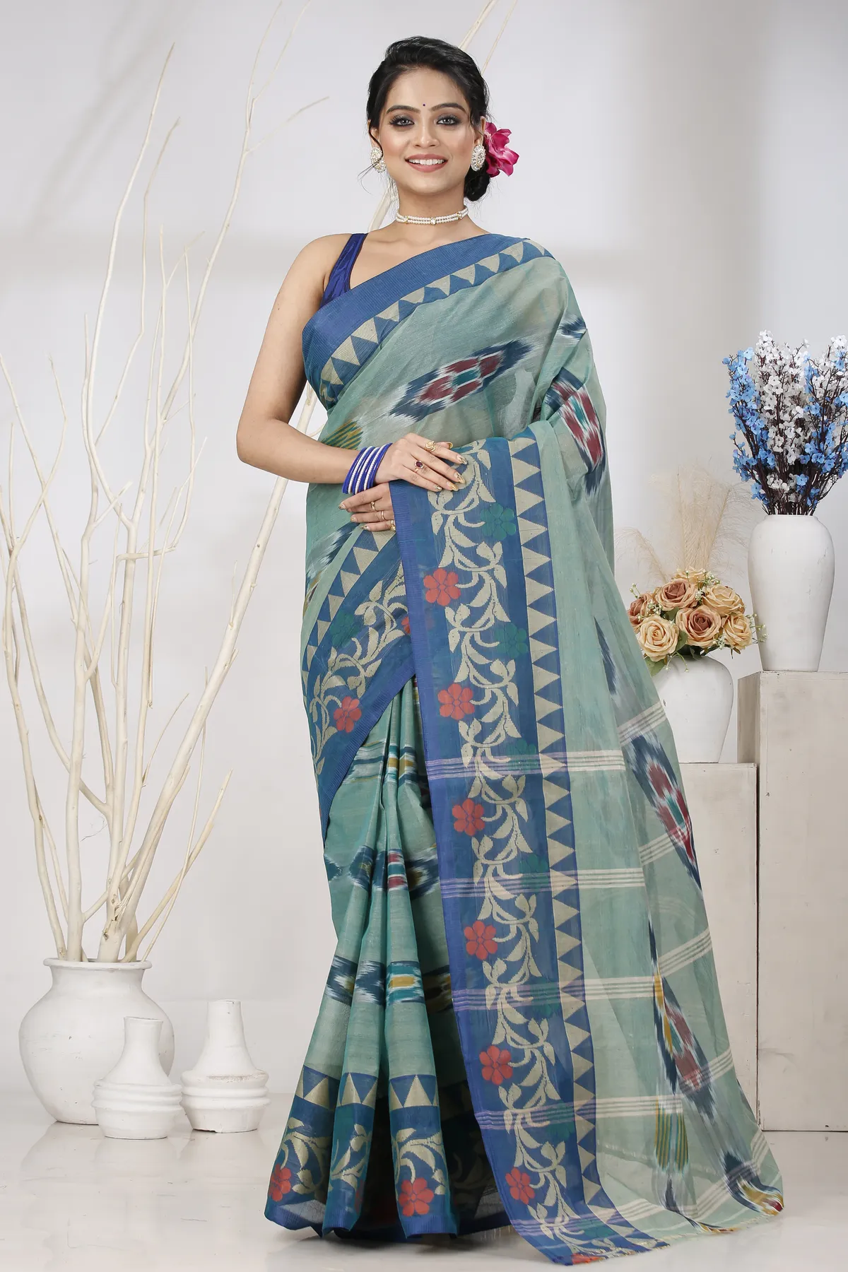 DipDiya Pure Cotton See Green Mili Rooted in Bengal Tant Sarees