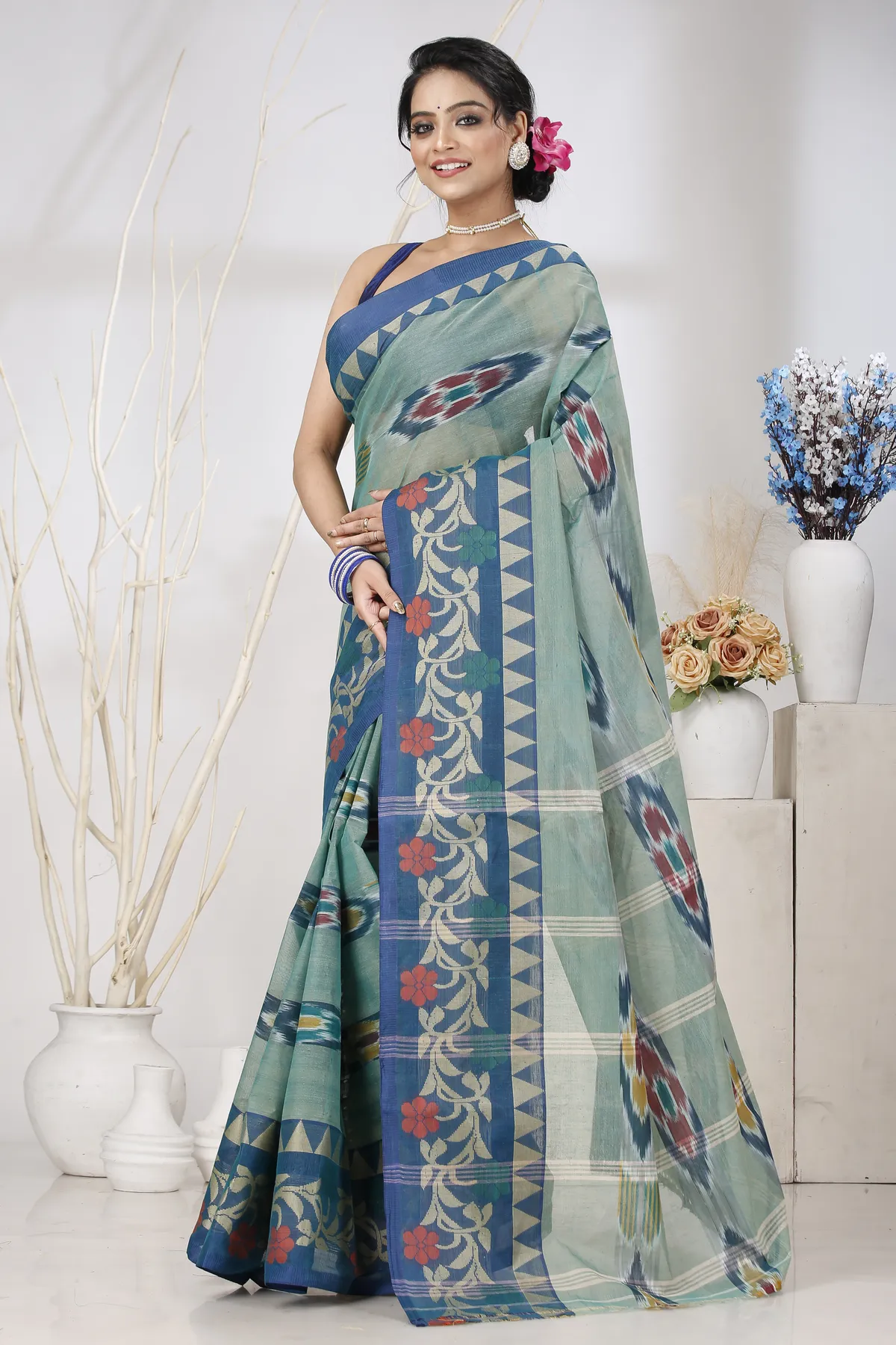 DipDiya Pure Cotton See Green Mili Rooted in Bengal Tant Sarees