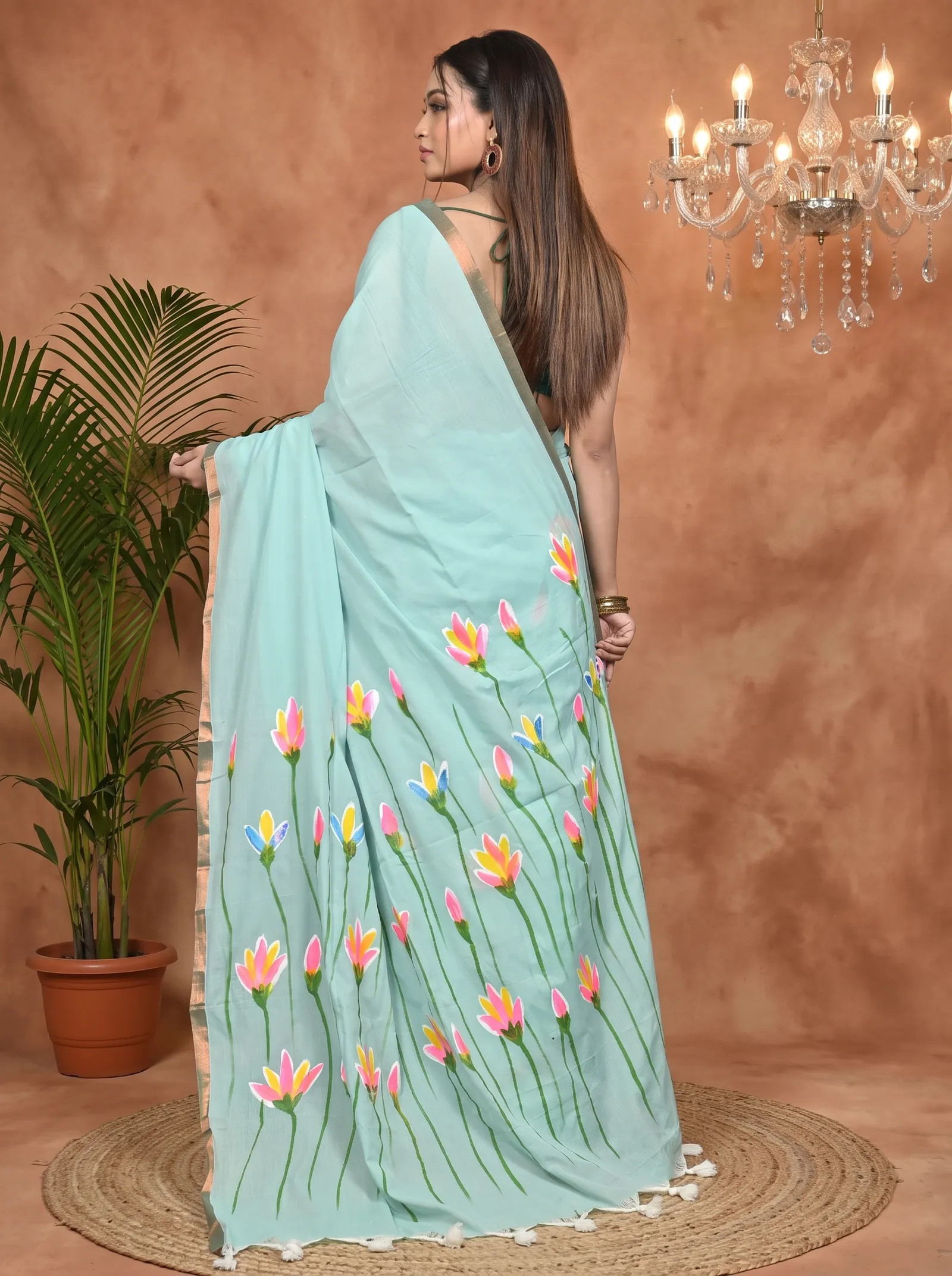 DipDiya Pure Cotton See Green Norah Crafted by Artisans Hand Painted Sarees