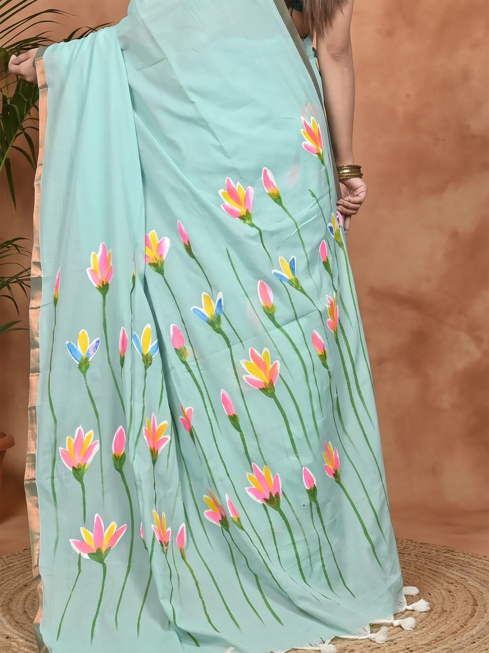 DipDiya Pure Cotton See Green Norah Crafted by Artisans Hand Painted Sarees