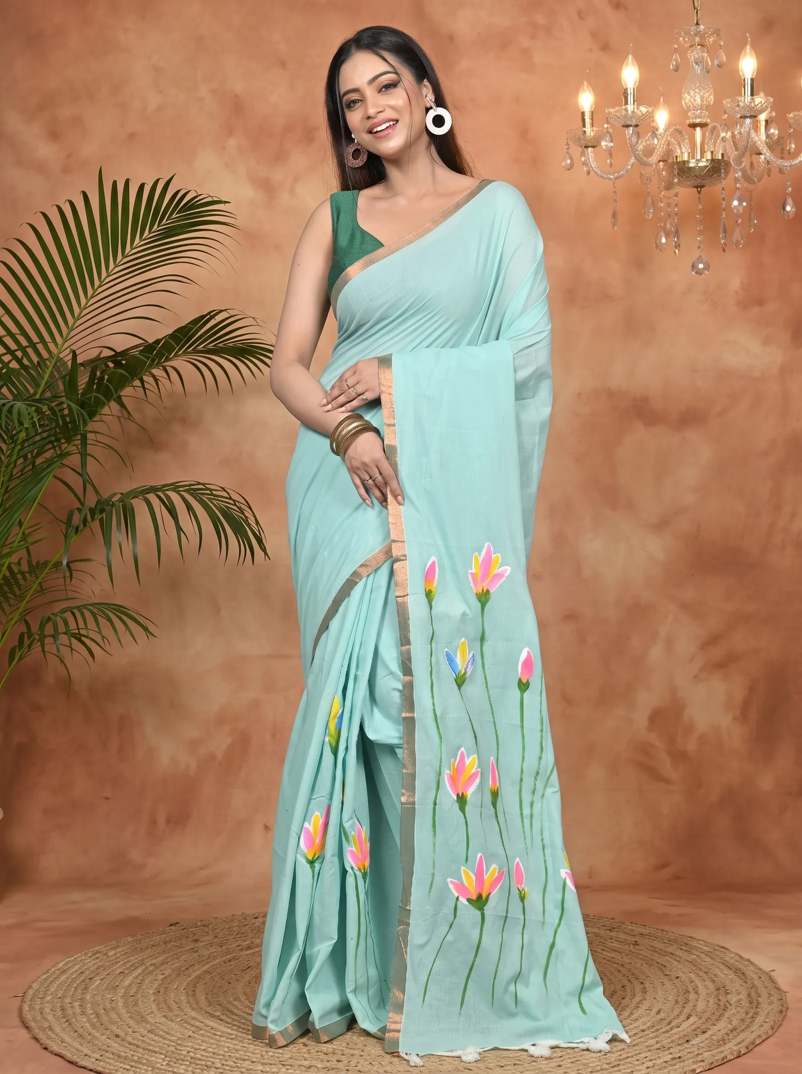 DipDiya Pure Cotton See Green Norah Crafted by Artisans Hand Painted Sarees