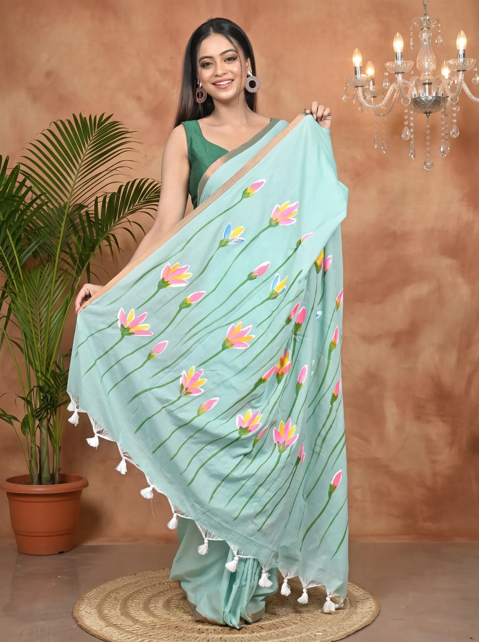 DipDiya Pure Cotton See Green Norah Crafted by Artisans Hand Painted Sarees
