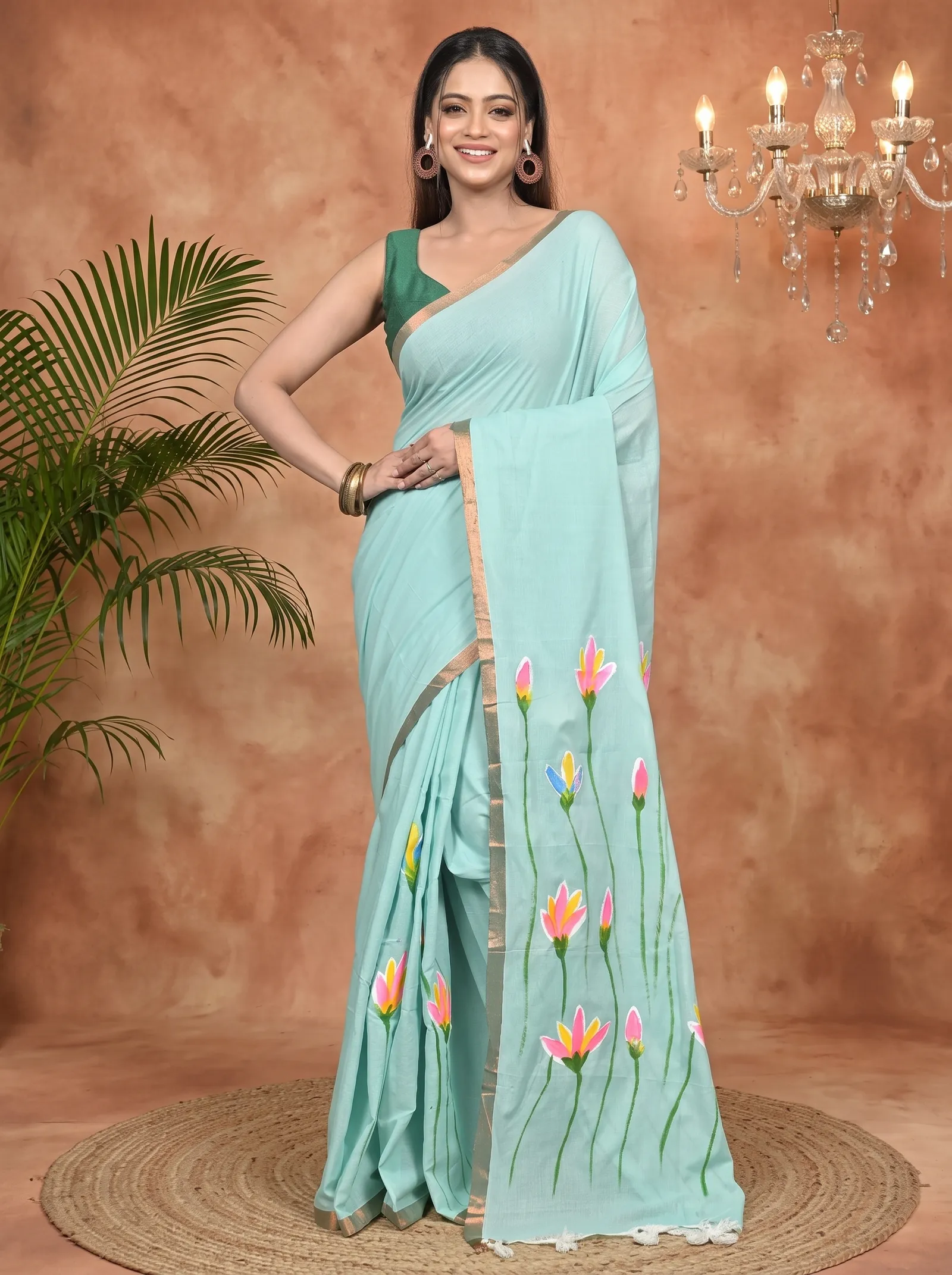 DipDiya Pure Cotton See Green Norah Crafted by Artisans Hand Painted Sarees