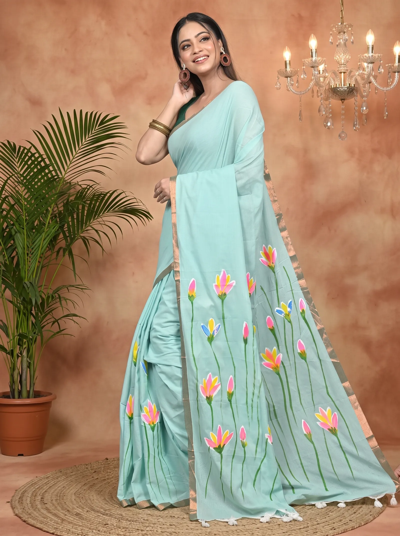 DipDiya Pure Cotton See Green Norah Crafted by Artisans Hand Painted Sarees
