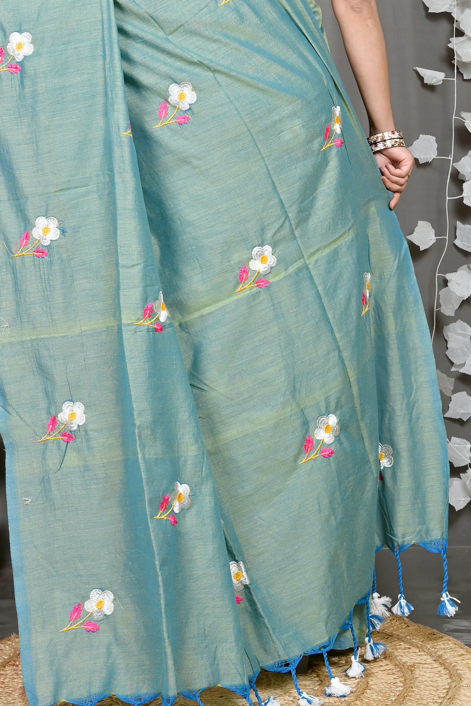 DipDiya Pure Cotton See Green Paray Wrapped in Heritage Embroidery Handloom sarees
