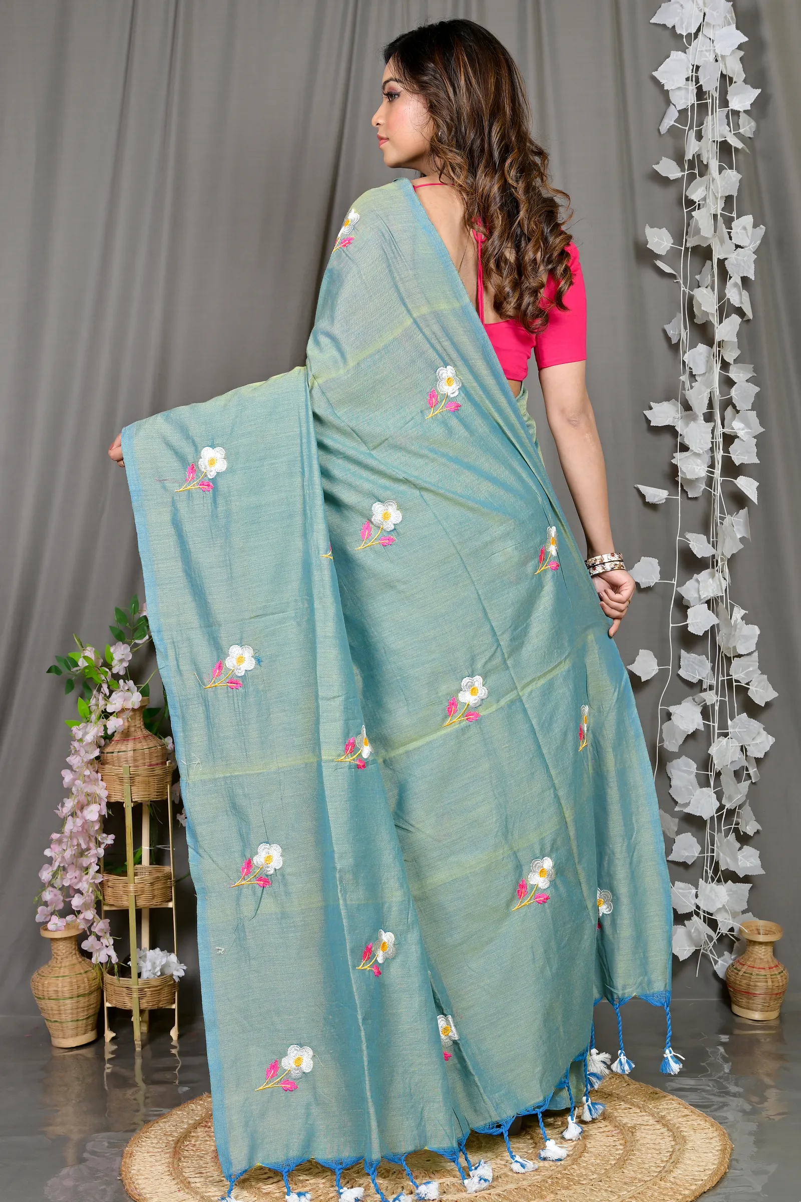 DipDiya Pure Cotton See Green Paray Wrapped in Heritage Embroidery Handloom sarees