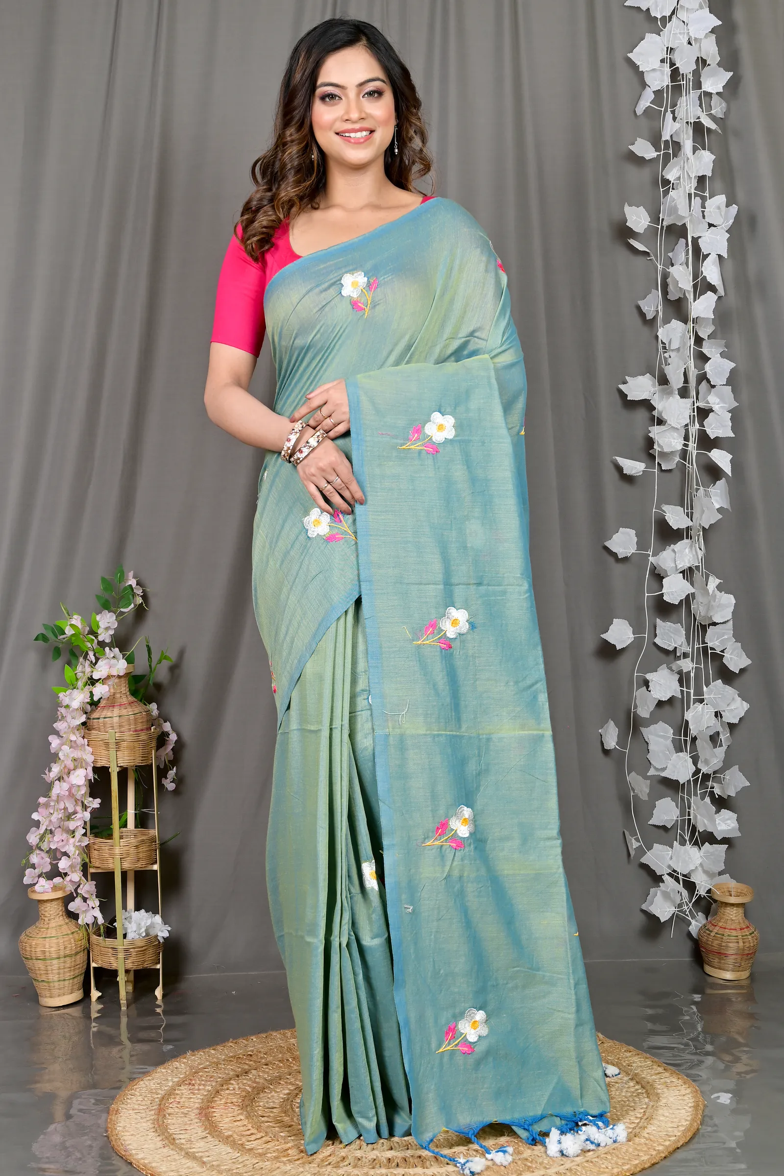 DipDiya Pure Cotton See Green Paray Wrapped in Heritage Embroidery Handloom sarees