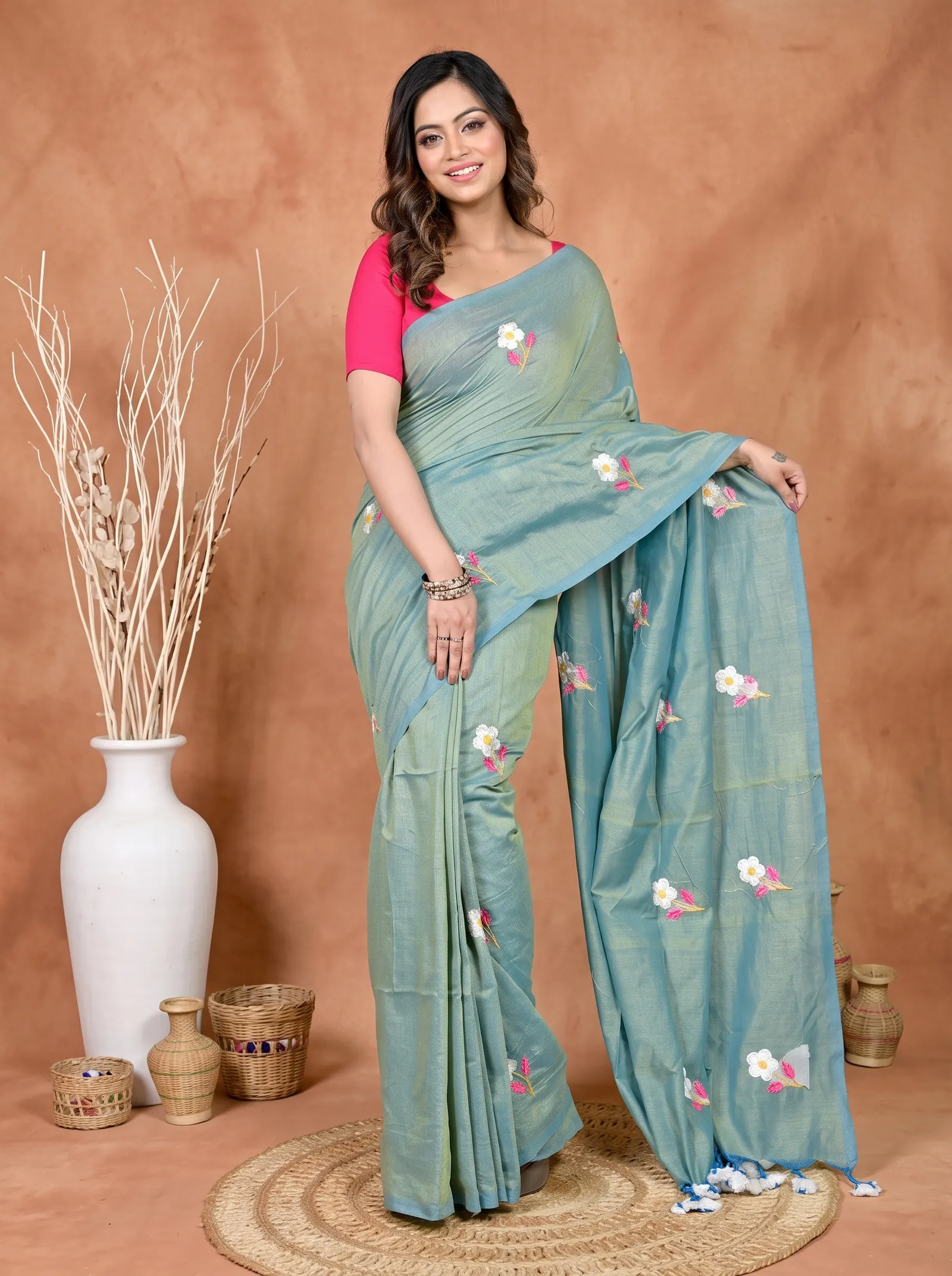 DipDiya Pure Cotton See Green Paray Wrapped in Heritage Embroidery Handloom sarees
