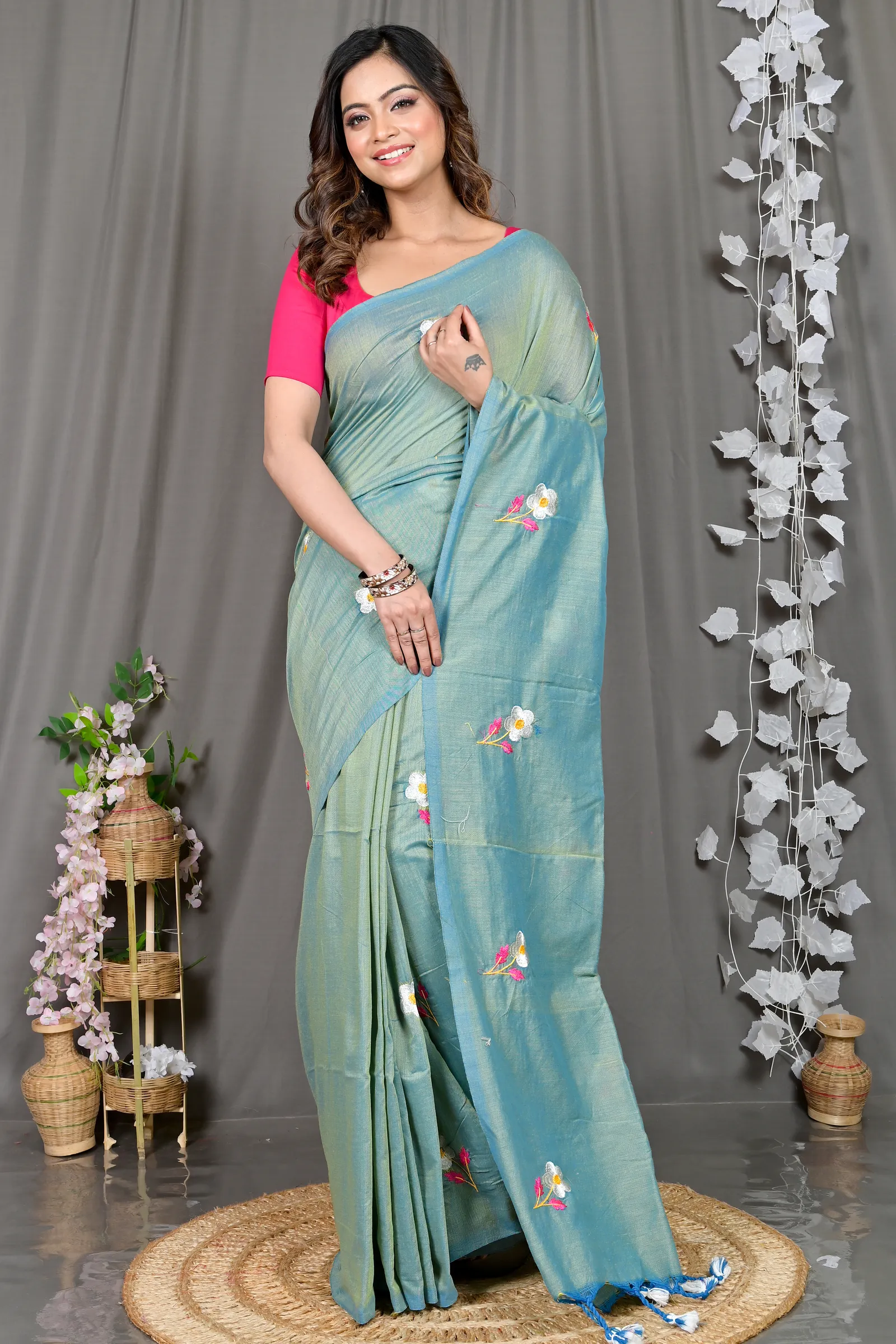 DipDiya Pure Cotton See Green Paray Wrapped in Heritage Embroidery Handloom sarees